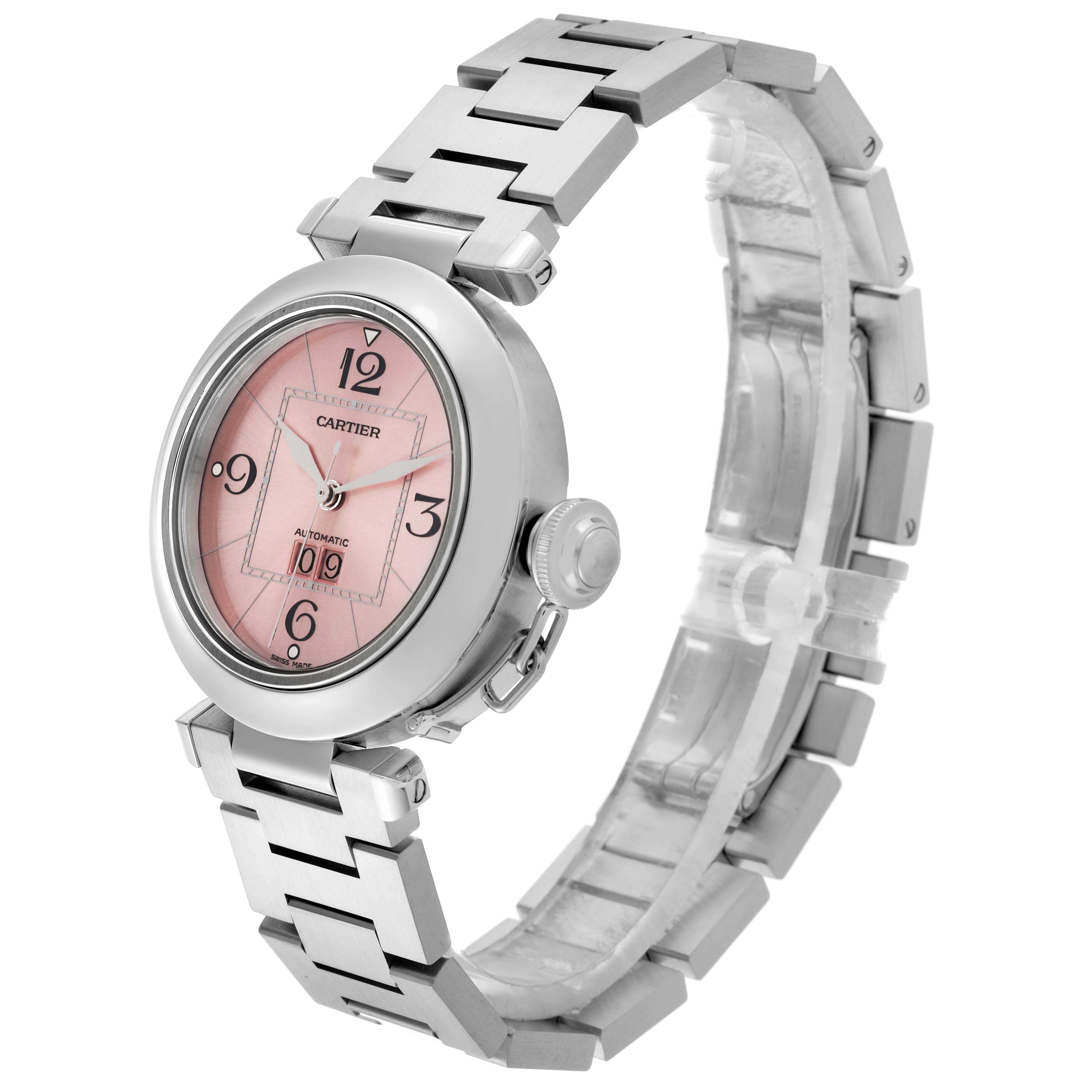The Cartier Pasha W31058M7 Women's Stainless Steel Pink Dial W31058M7 Women's Stainless Steel Pink Dial watch is shown at a side angle, featuring the bracelet and pink dial with a front view of the face.
