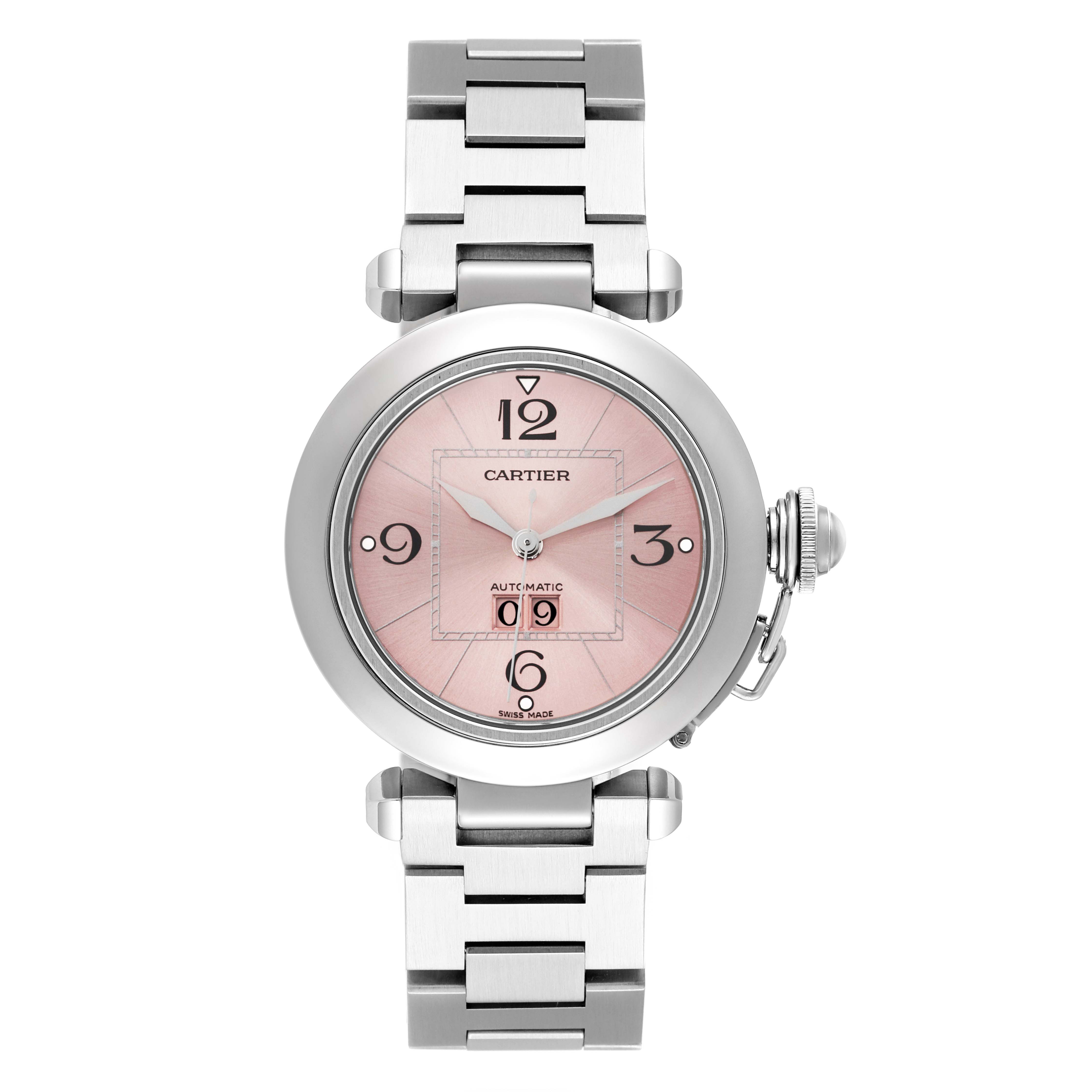 The Cartier Pasha W31058M7 Women's Stainless Steel Pink Dial W31058M7 Women's Stainless Steel Pink Dial watch is shown from a top-down angle, highlighting its face, bezel, and metal bracelet.