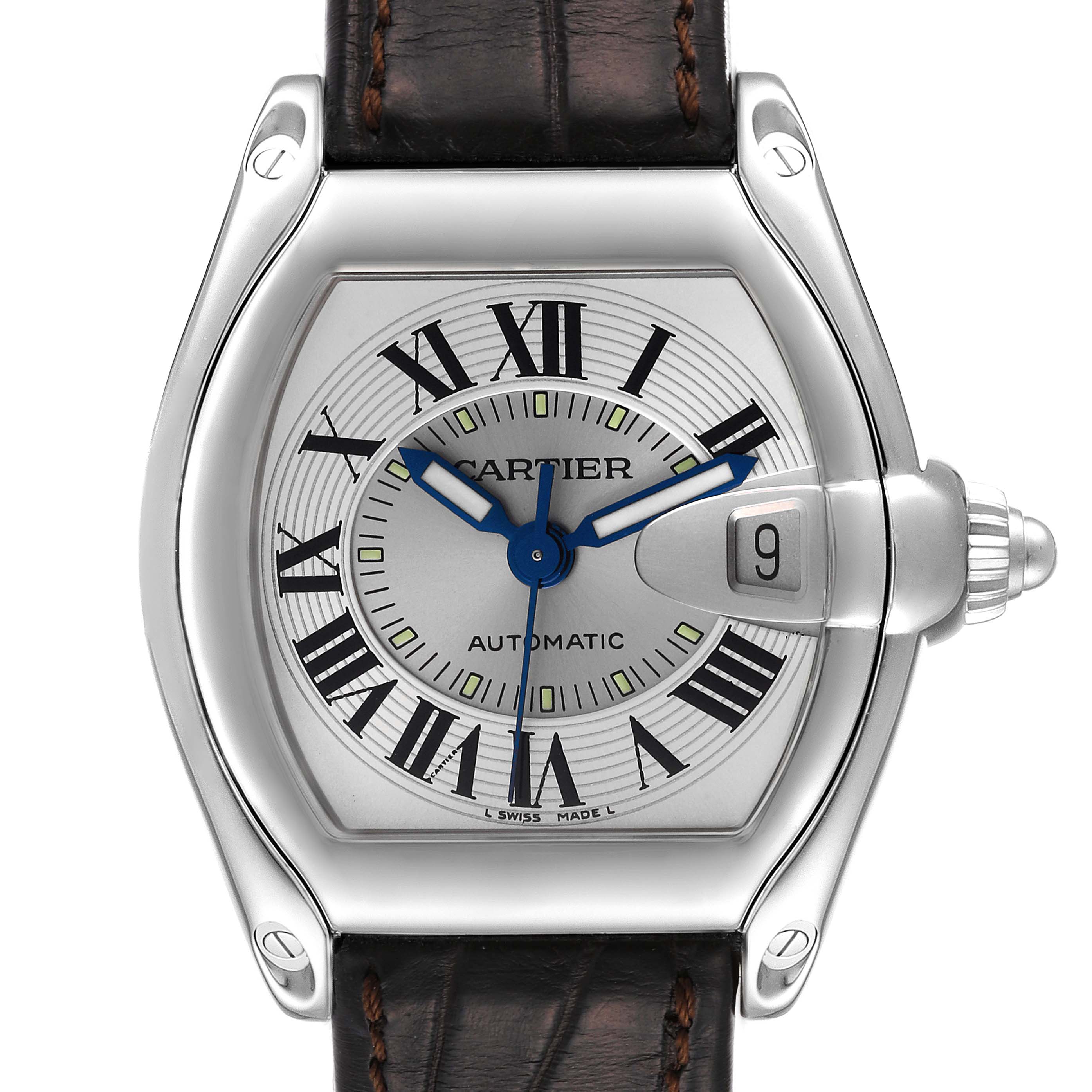 The Cartier Roadster W62000V3 Men's Stainless Steel Silver Dial W62000V3 Men's Stainless Steel Silver Dial watch is shown from a front angle, displaying the face, crown, and a portion of the leather strap.