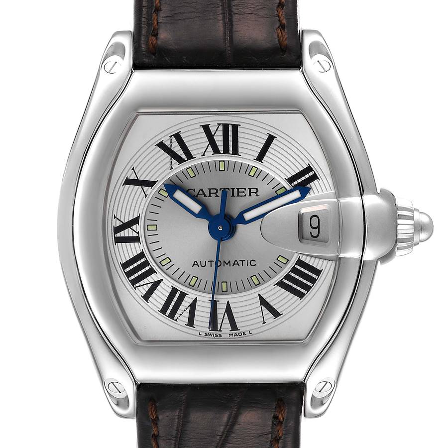 Cartier Roadster Silver Dial Brown Strap Steel Mens Watch W62000V3 SwissWatchExpo