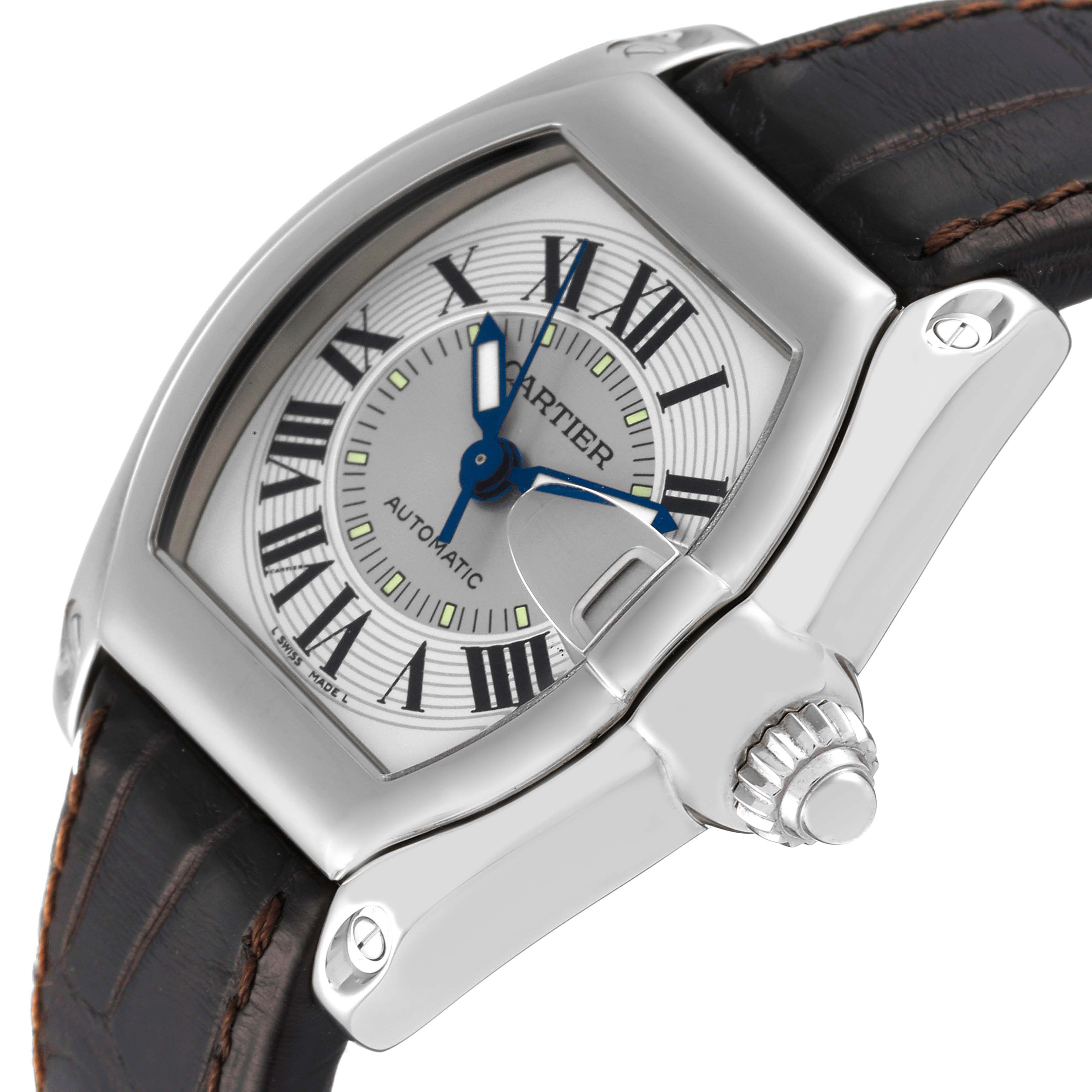 The image shows a tilted view of the Cartier Roadster W62000V3 Men's Stainless Steel Silver Dial W62000V3 Men's Stainless Steel Silver Dial watch, highlighting the dial, crown, and part of the leather strap.