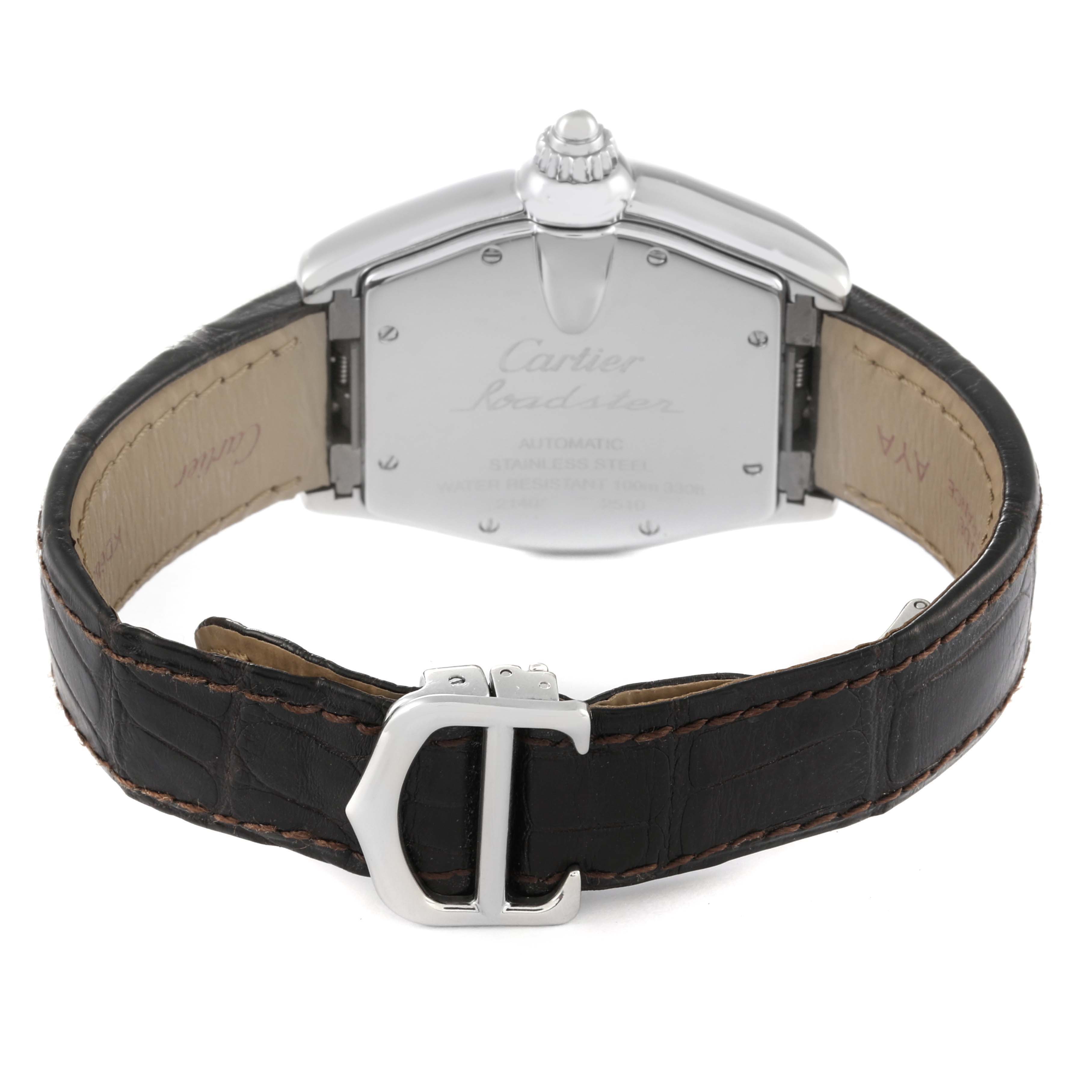 This image shows the back case and leather strap of a Cartier Roadster W62000V3 Men's Stainless Steel Silver Dial W62000V3 Men's Stainless Steel Silver Dial watch, with the buckle and crown also visible.