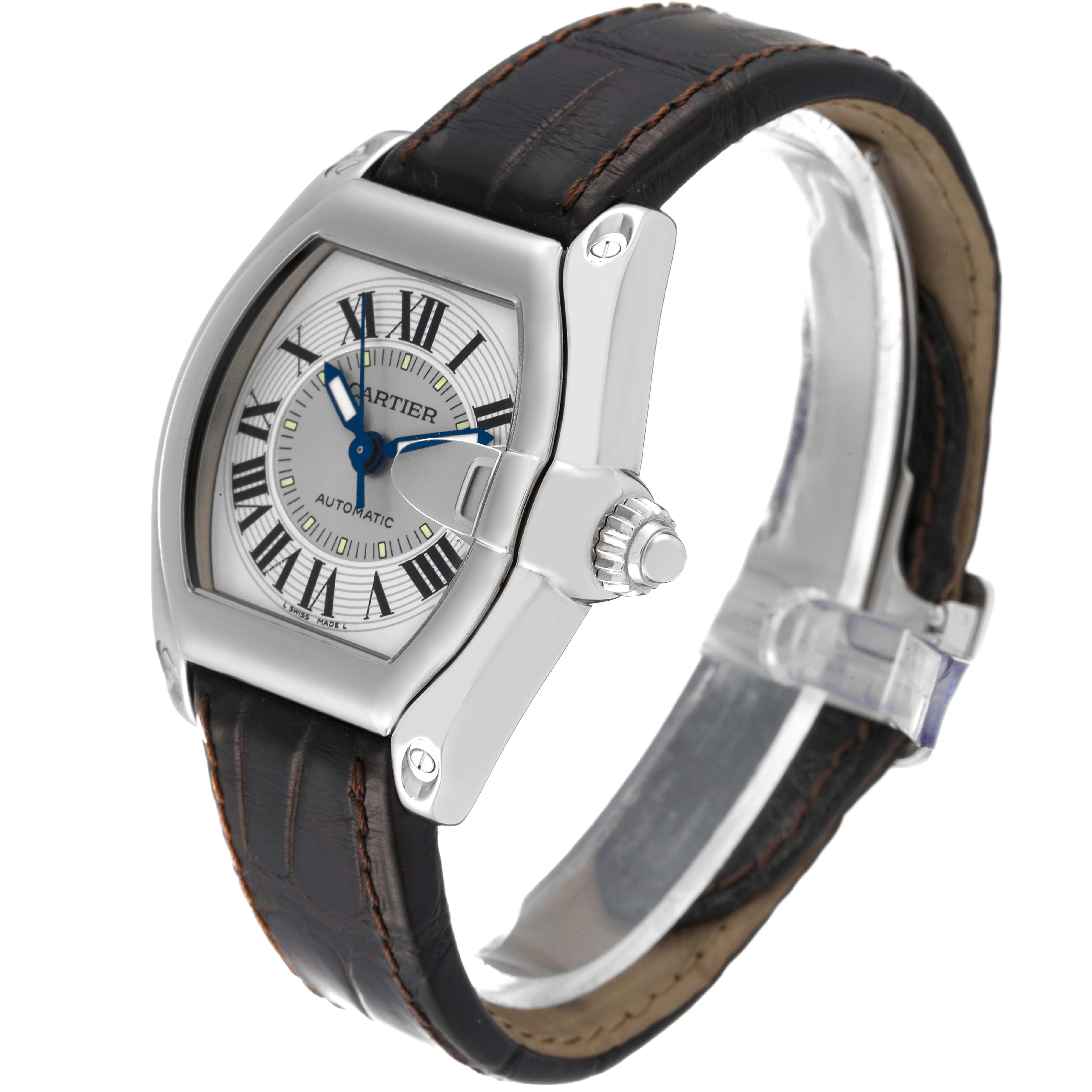 The Cartier Roadster W62000V3 Men's Stainless Steel Silver Dial W62000V3 Men's Stainless Steel Silver Dial watch is shown at a three-quarter angle, displaying its face, crown, and leather strap.