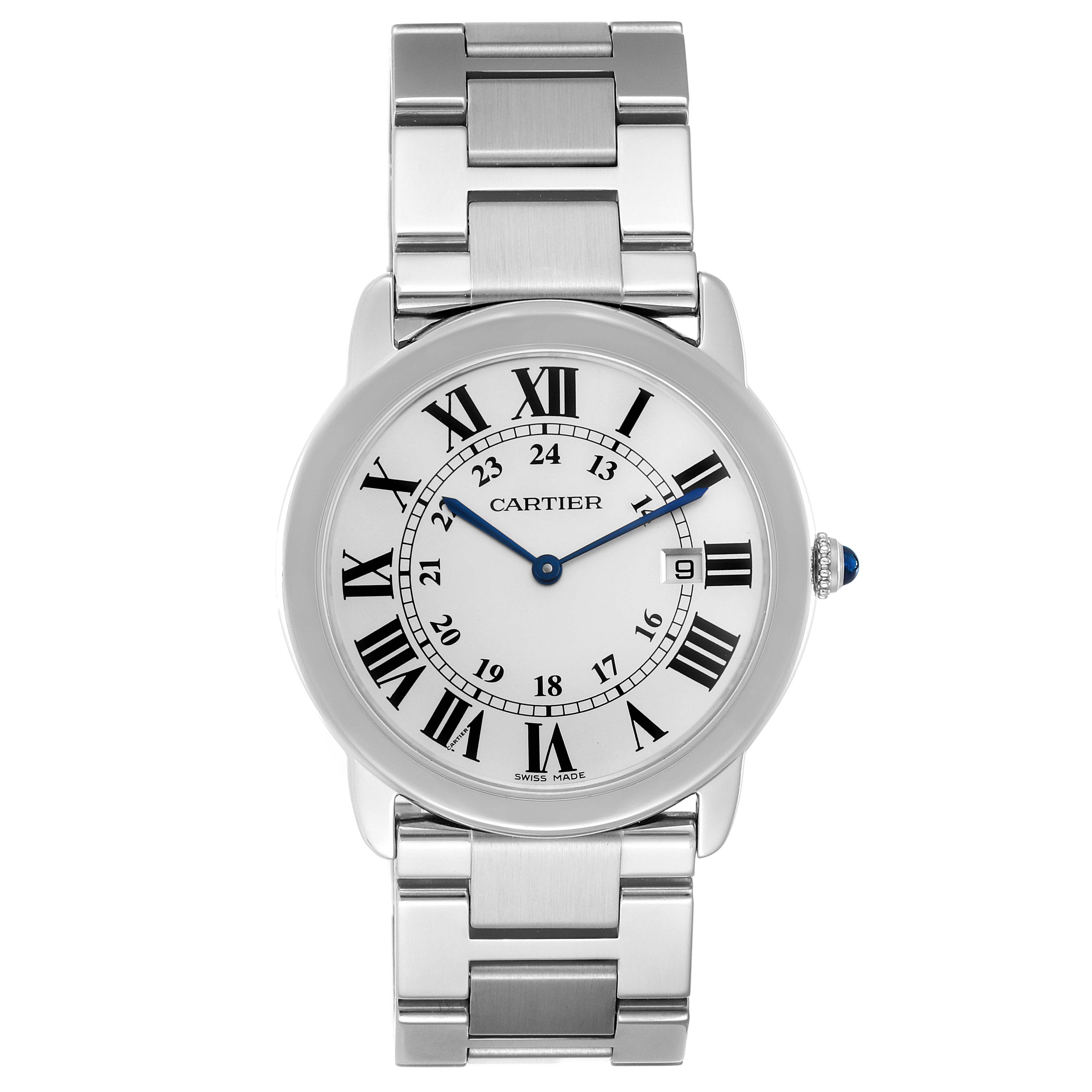 The image shows a front view of a Cartier Ronde W6701005 Men's Stainless Steel Silver Dial W6701005 Men's Stainless Steel Silver Dial watch, featuring its face, bezel, crown, and bracelet.