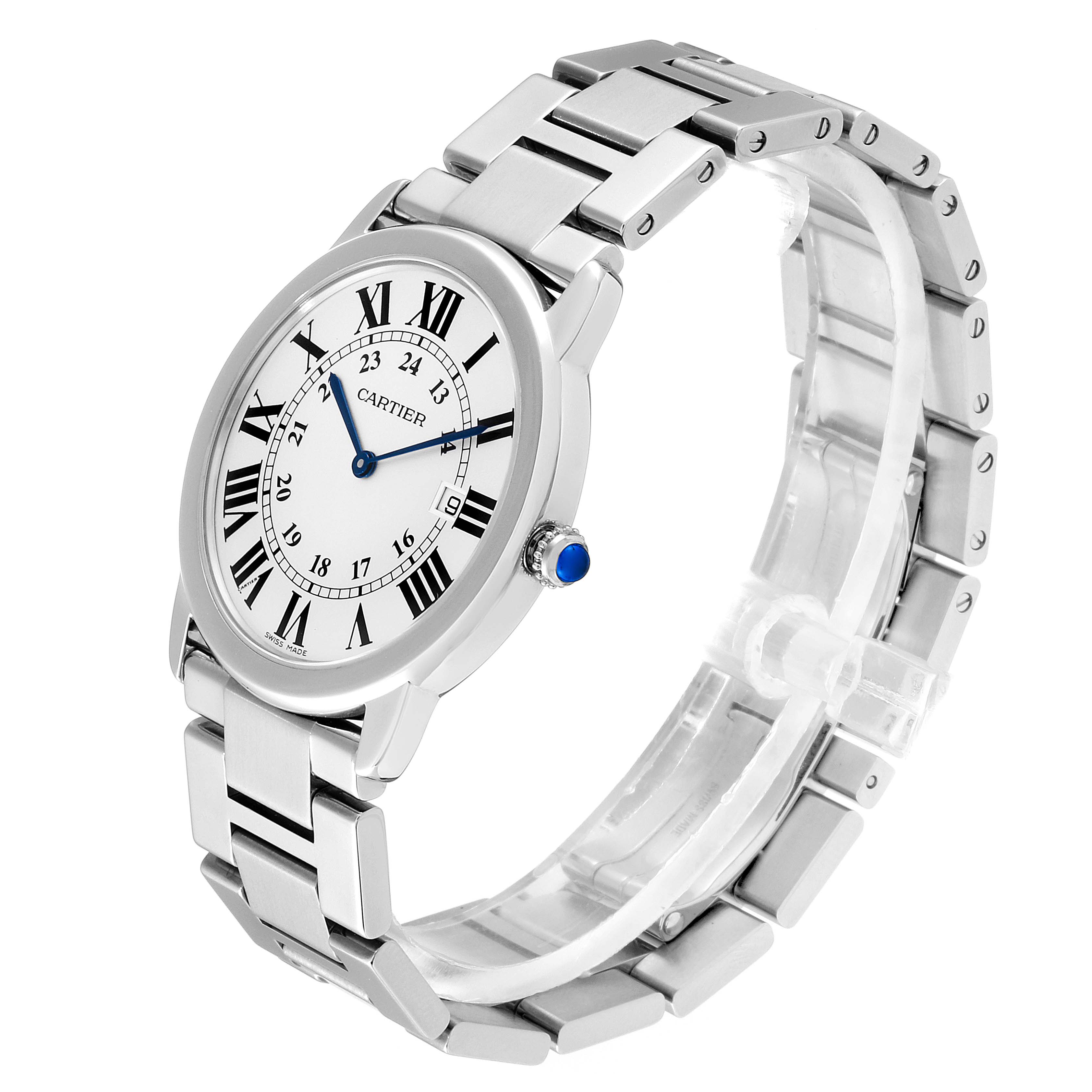 The Cartier Ronde W6701005 Men's Stainless Steel Silver Dial W6701005 Men's Stainless Steel Silver Dial watch is shown at a 3/4 angle, displaying its silver bracelet and white face with Roman numerals.