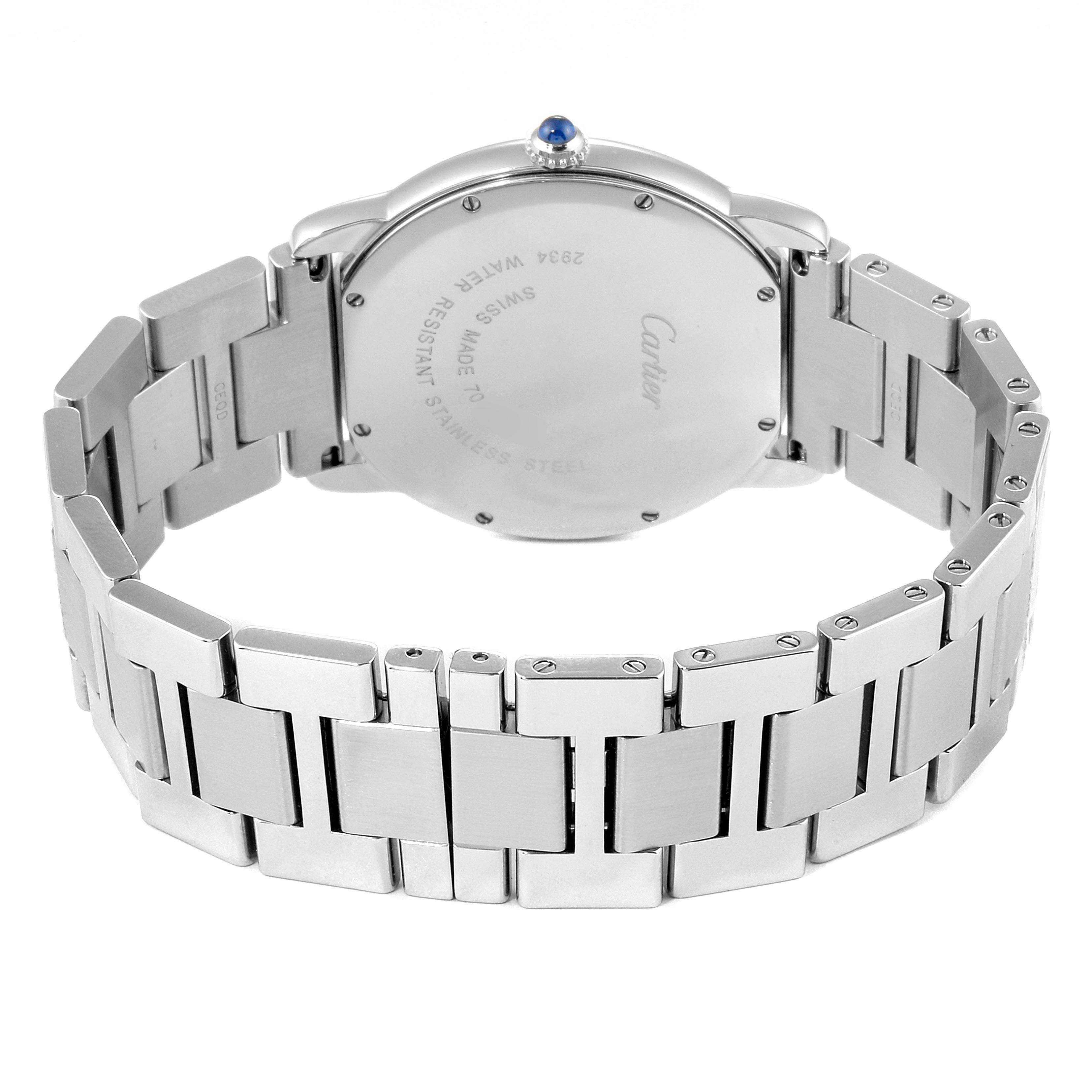 This image shows the back view of the Ronde model by Cartier, displaying the case back and part of the metal bracelet.