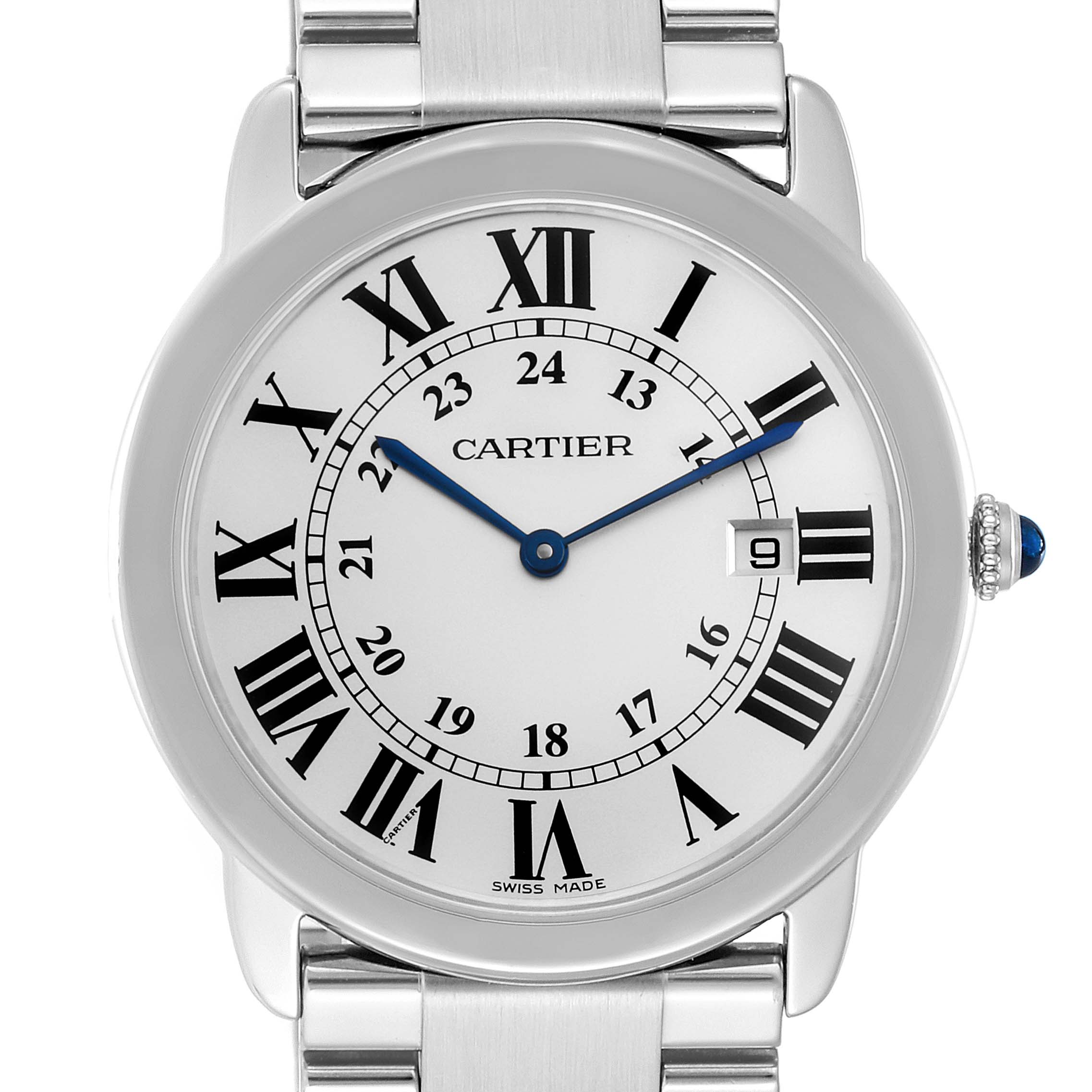 The image shows a front angle of the Cartier Ronde W6701005 Men's Stainless Steel Silver Dial W6701005 Men's Stainless Steel Silver Dial watch, highlighting the dial with Roman numerals and blue hands.