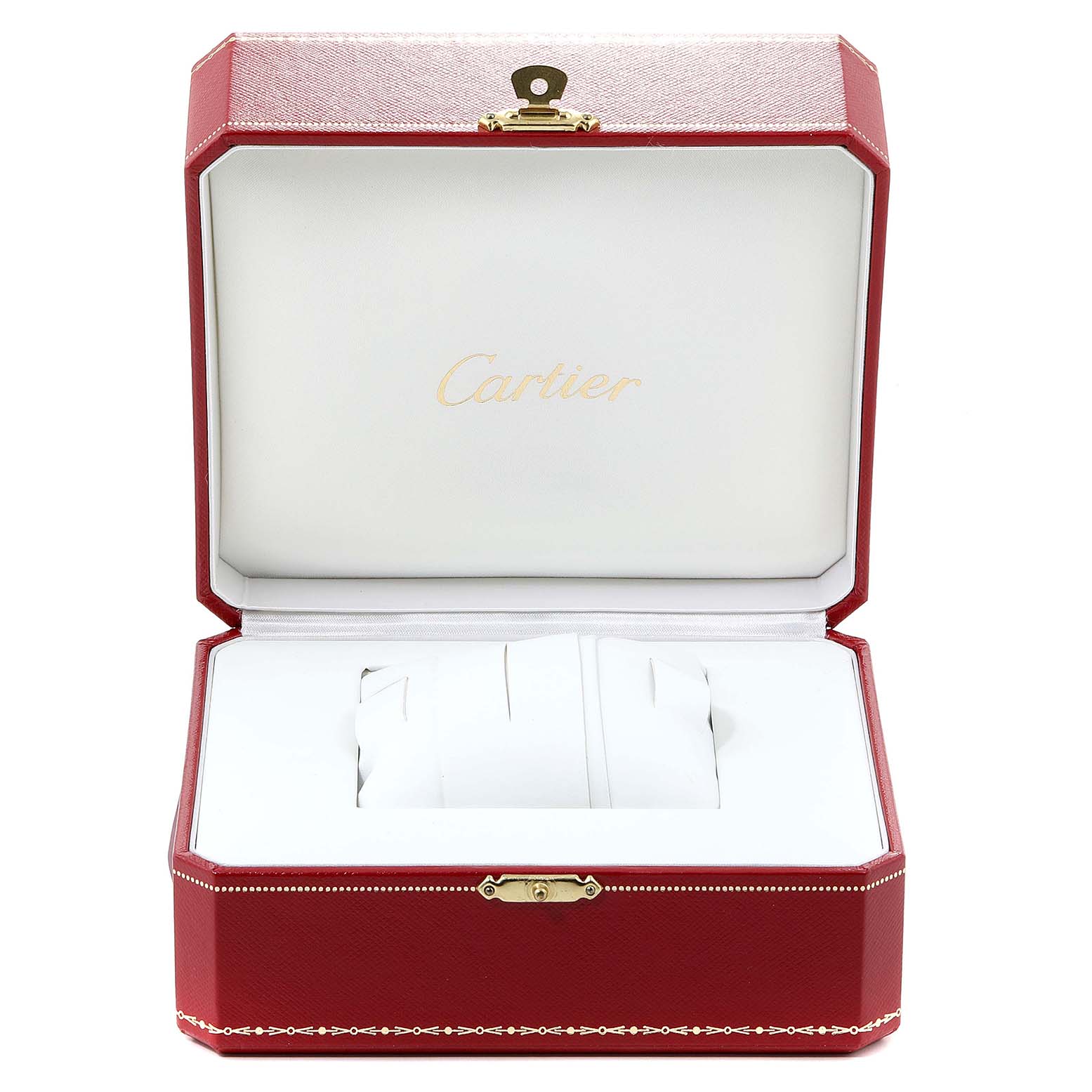The image shows an open Cartier Ronde W6701005 Men's Stainless Steel Silver Dial W6701005 Men's Stainless Steel Silver Dial watch box from a front angle, with the Cartier logo inside the lid.