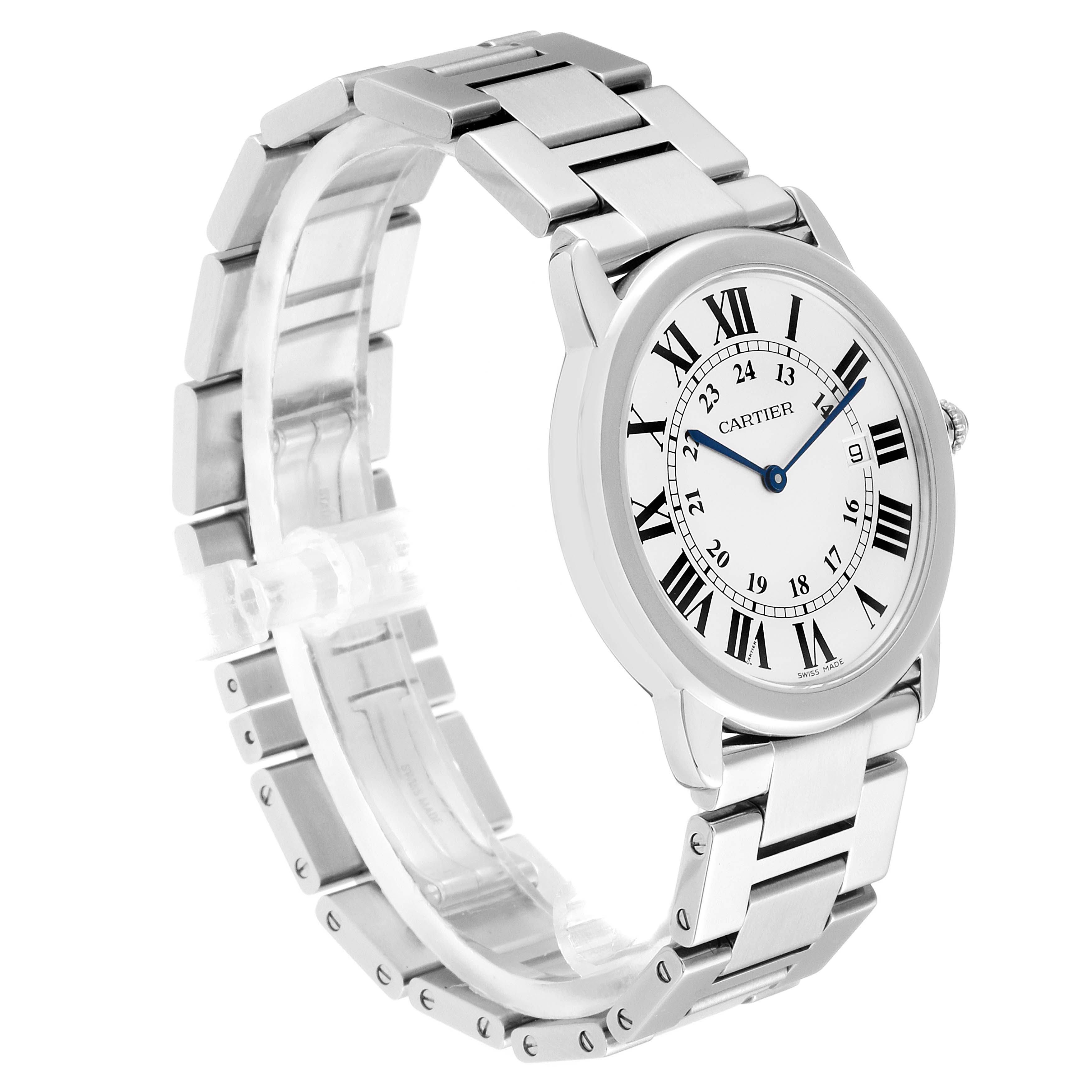The Cartier Ronde W6701005 Men's Stainless Steel Silver Dial W6701005 Men's Stainless Steel Silver Dial model watch is shown at a three-quarter angle, highlighting the face, bezel, and metal bracelet.
