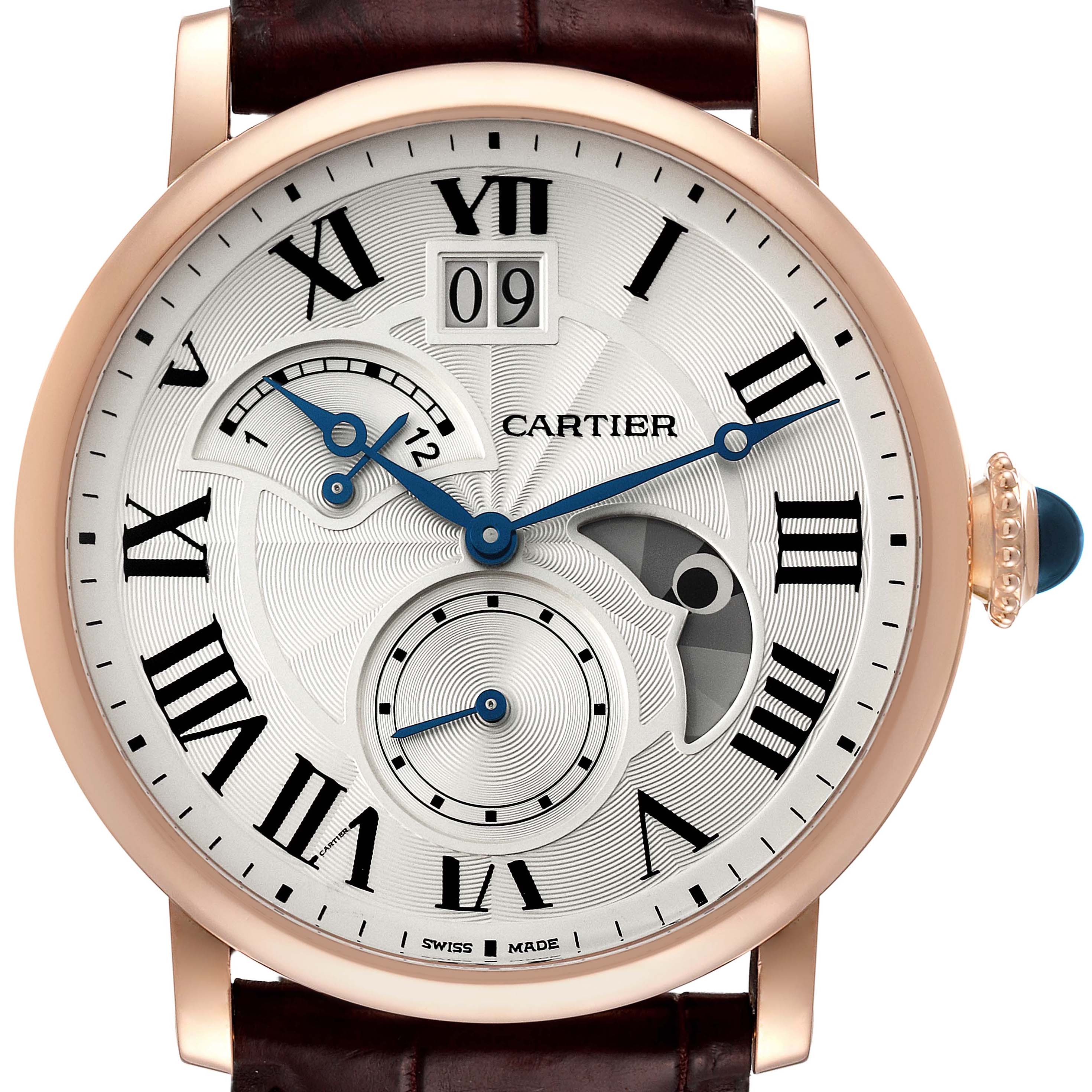 This image shows a close-up view of the Cartier Rotonde W1556240 Men
s Rose Gold Silver Dial W1556240 Men
s Rose Gold Silver Dial model watch face, featuring Roman numerals, blue hands, and a date window.