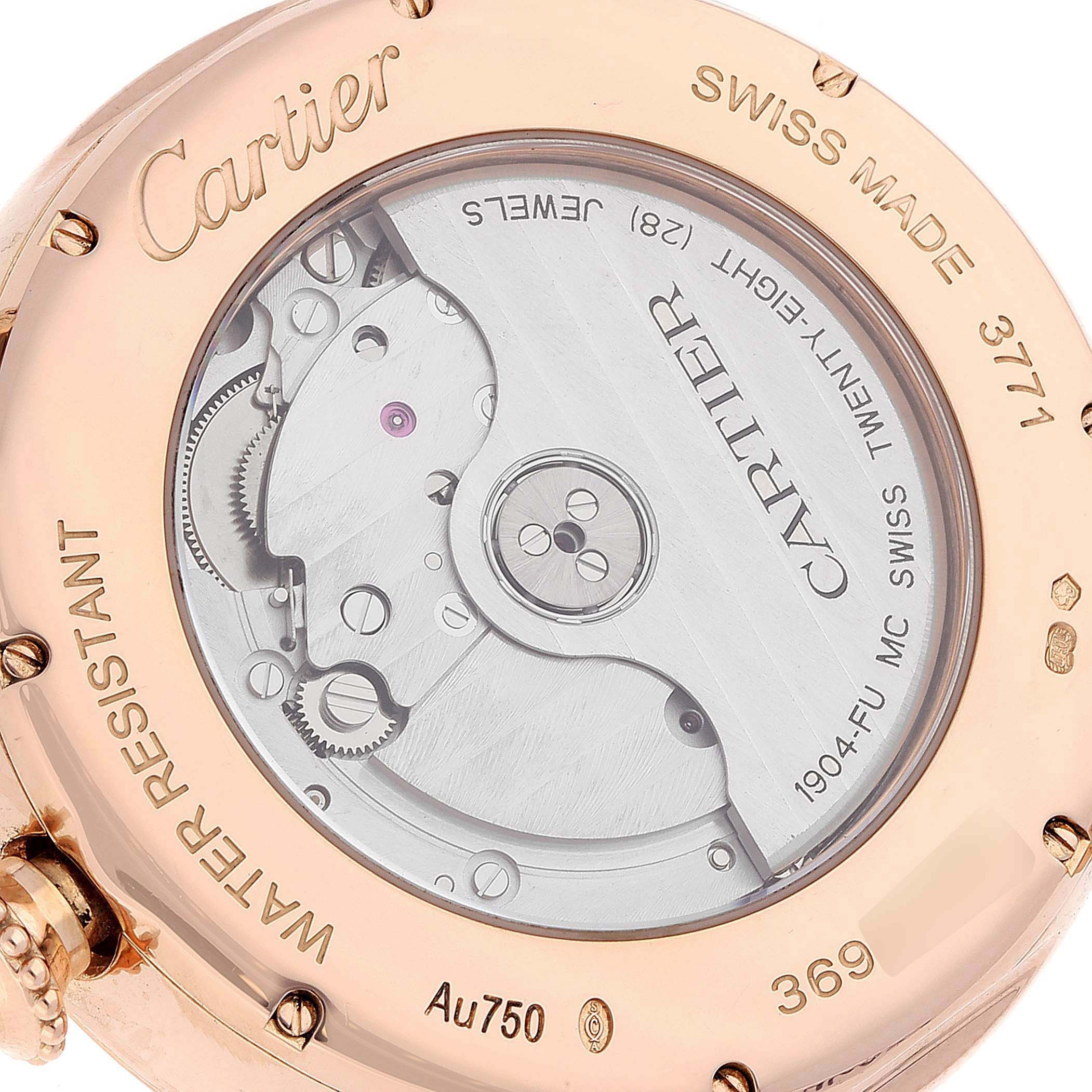 This image shows the back view of the Cartier Rotonde W1556240 Men
s Rose Gold Silver Dial W1556240 Men
s Rose Gold Silver Dial watch, highlighting its movement and mechanism details.