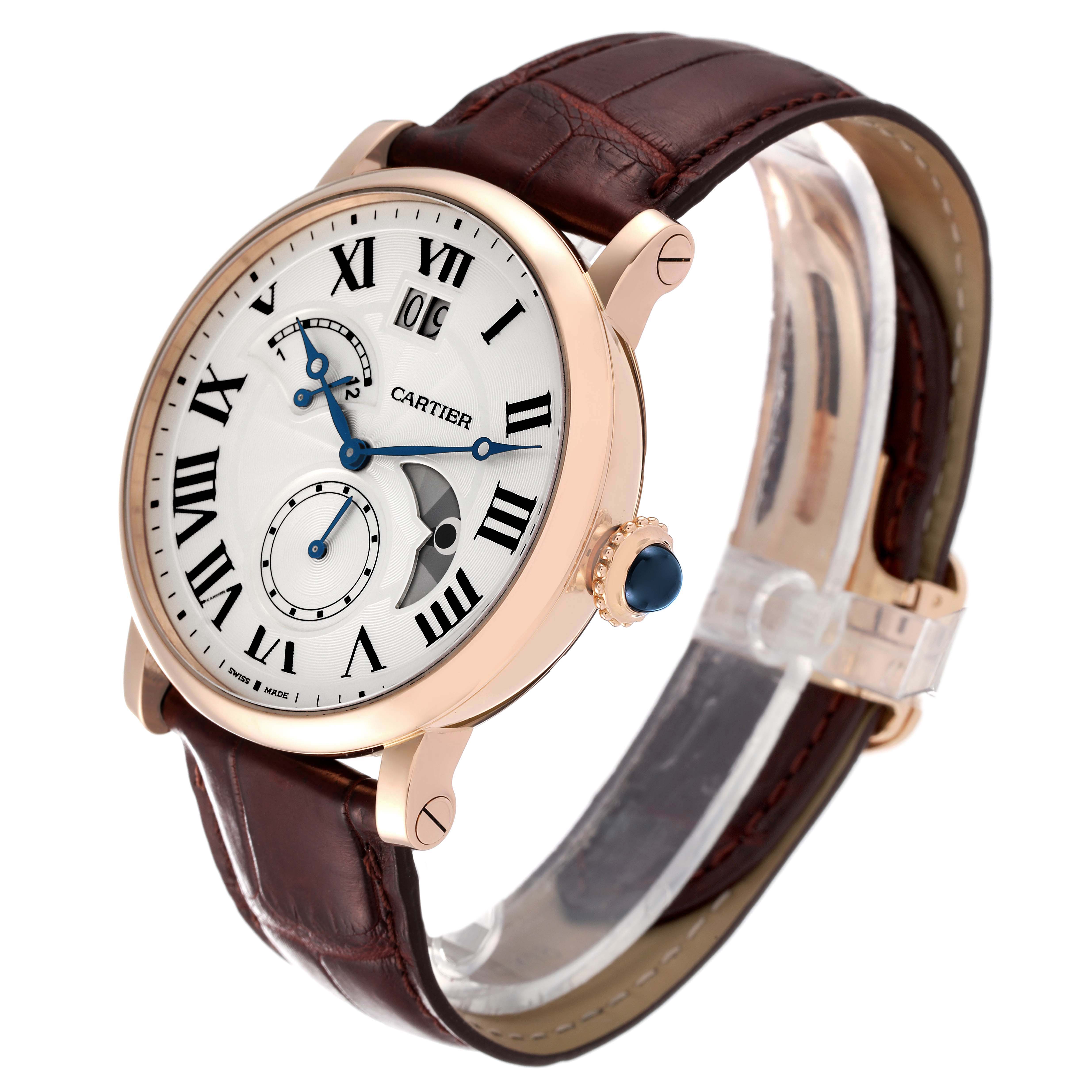 The image shows a Cartier Rotonde W1556240 Men
s Rose Gold Silver Dial W1556240 Men
s Rose Gold Silver Dial model watch angled to display the face, crown, and strap.