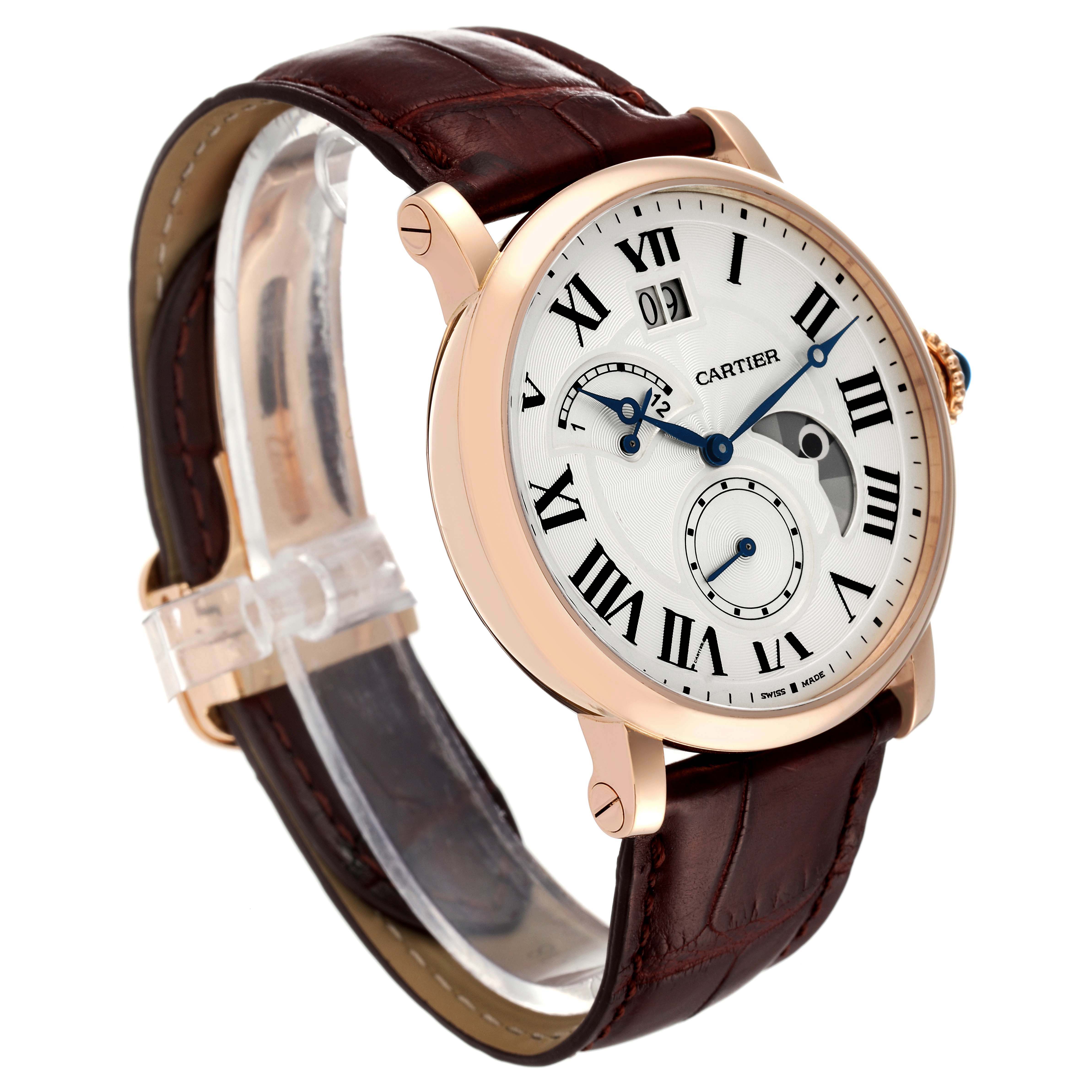 The image shows a Rotonde de Cartier watch from a front-left angle, highlighting its face, case, and leather strap.