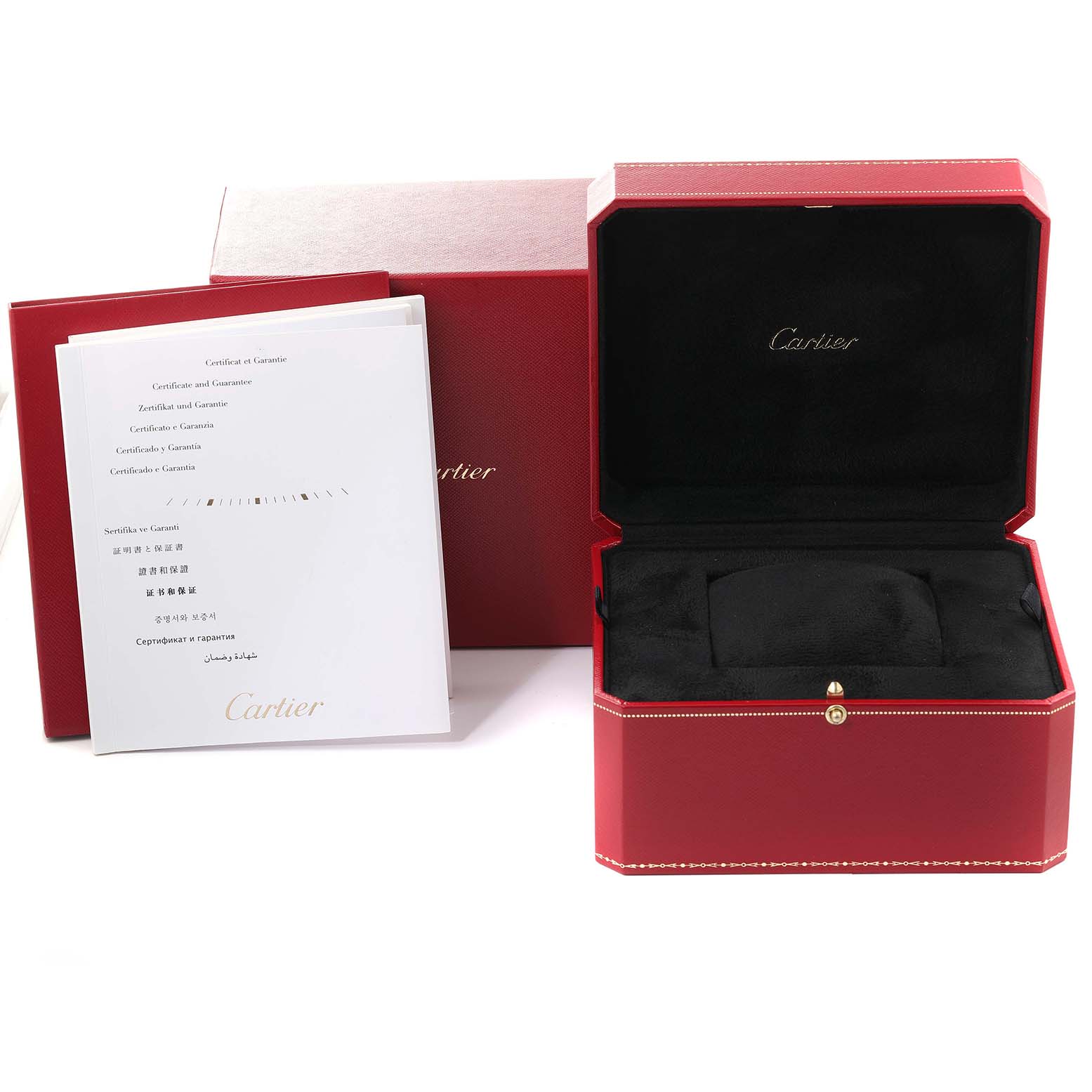 The image shows the red box and accompanying booklet for a Cartier Rotonde W1556240 Men
s Rose Gold Silver Dial W1556240 Men
s Rose Gold Silver Dial watch.