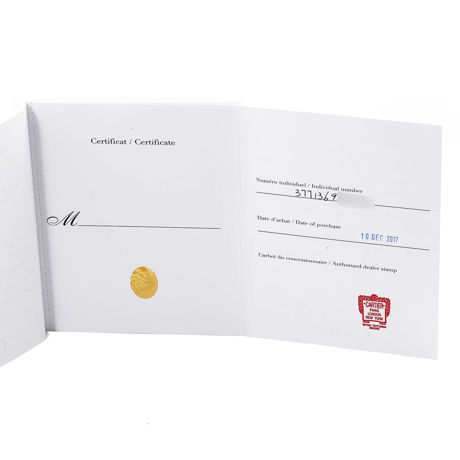 The image shows a certificate for the Rotonde model by Cartier, featuring an individual number, purchase date, and dealer stamp.