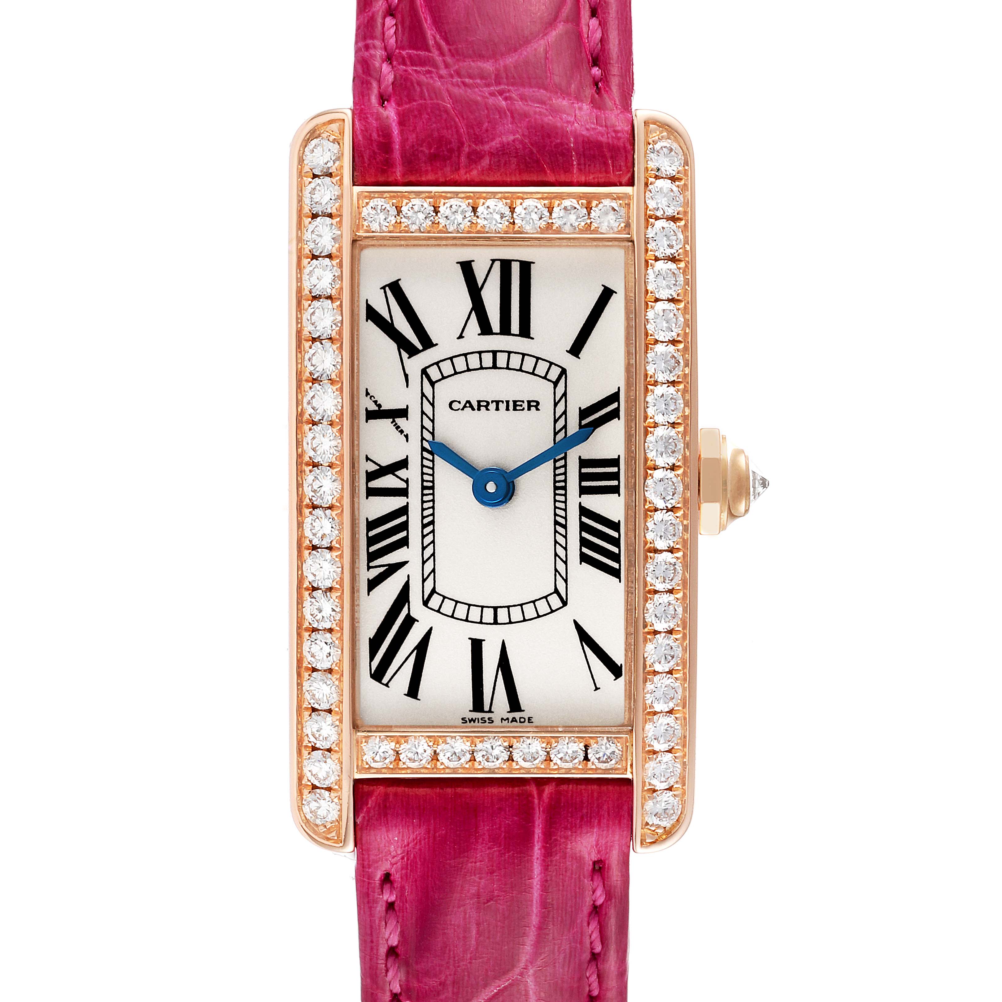 This image shows a front view of the Cartier Tank Americaine WJTA0002 Women
s Rose Gold Silver Dial WJTA0002 Women
s Rose Gold Silver Dial watch with a diamond bezel and pink strap.