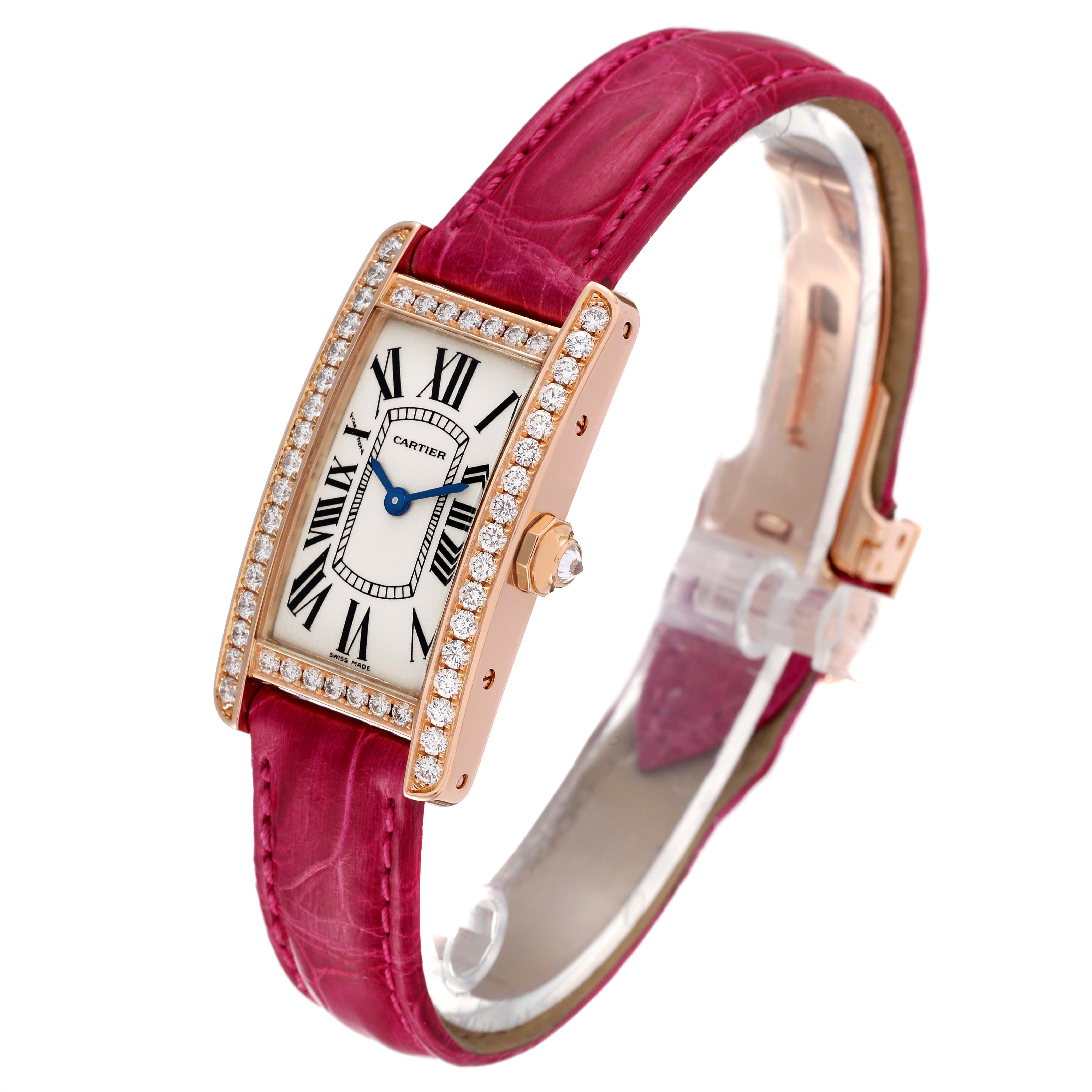 The Cartier Tank Americaine WJTA0002 Women
s Rose Gold Silver Dial WJTA0002 Women
s Rose Gold Silver Dial watch is shown at a three-quarter angle, displaying the dial, bezel, crown, and strap.