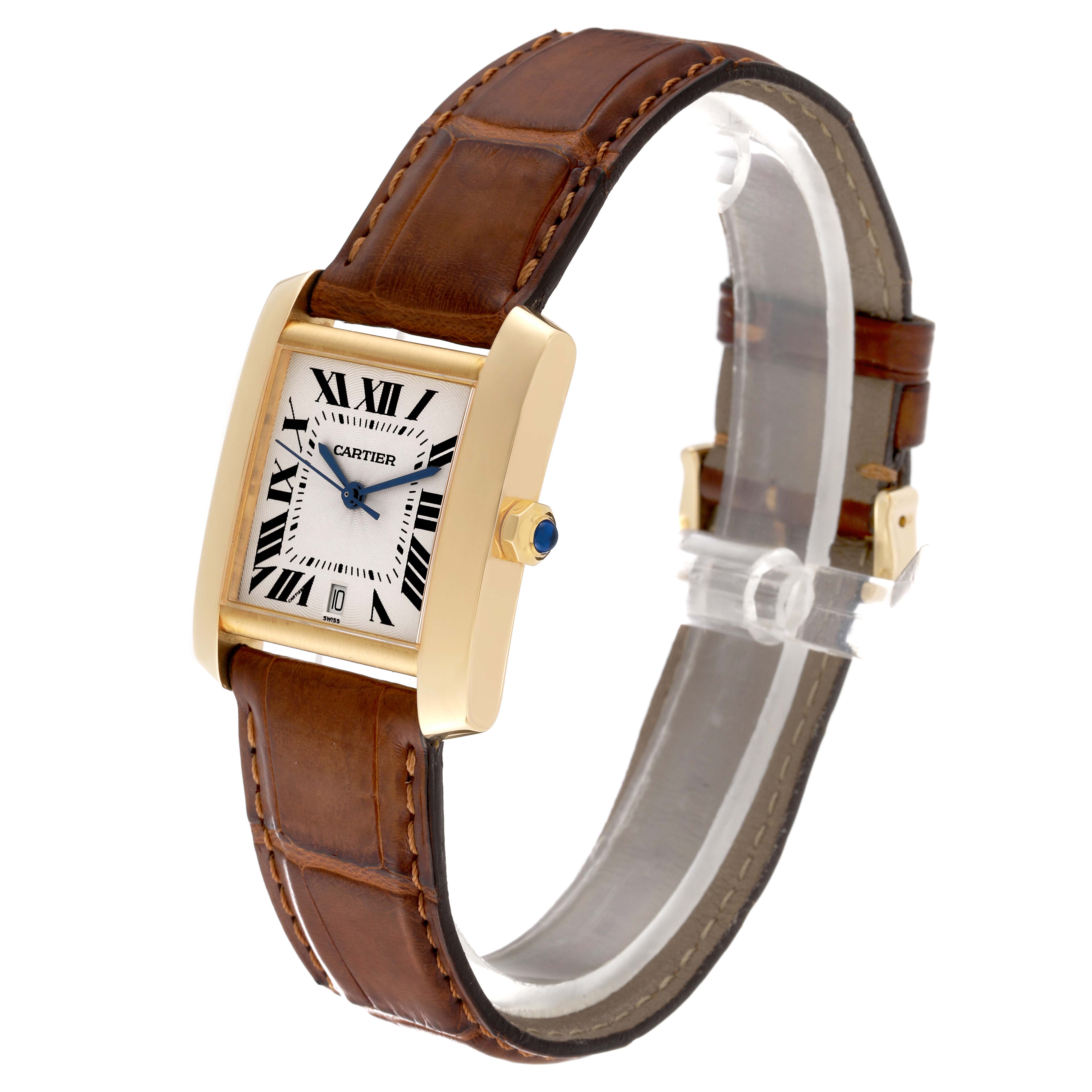 The Cartier Tank Française watch is shown at a three-quarter angle, highlighting the face, bezel, and leather strap.
