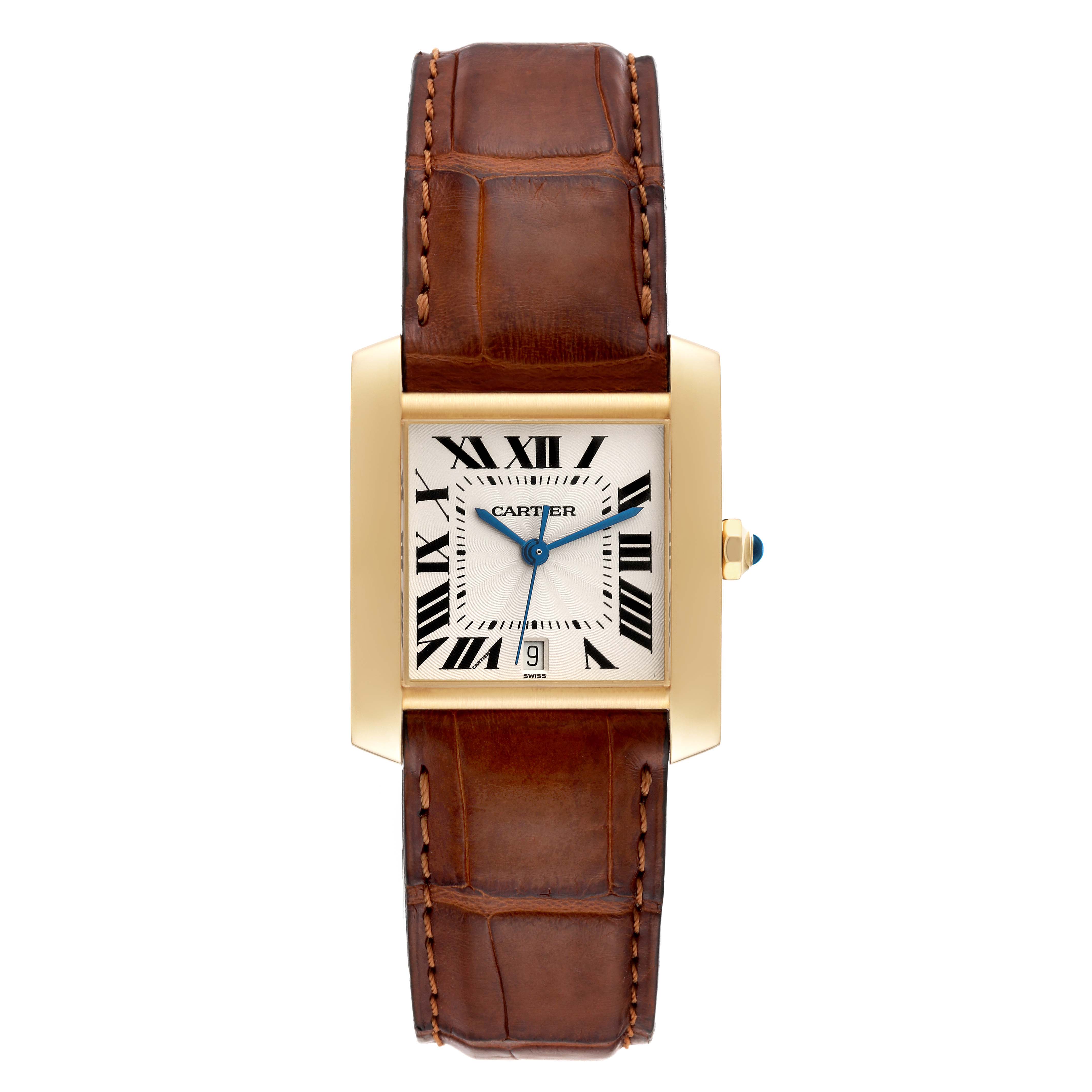 This Cartier Tank Française watch is shown from the front, highlighting its dial, case, and brown leather strap.