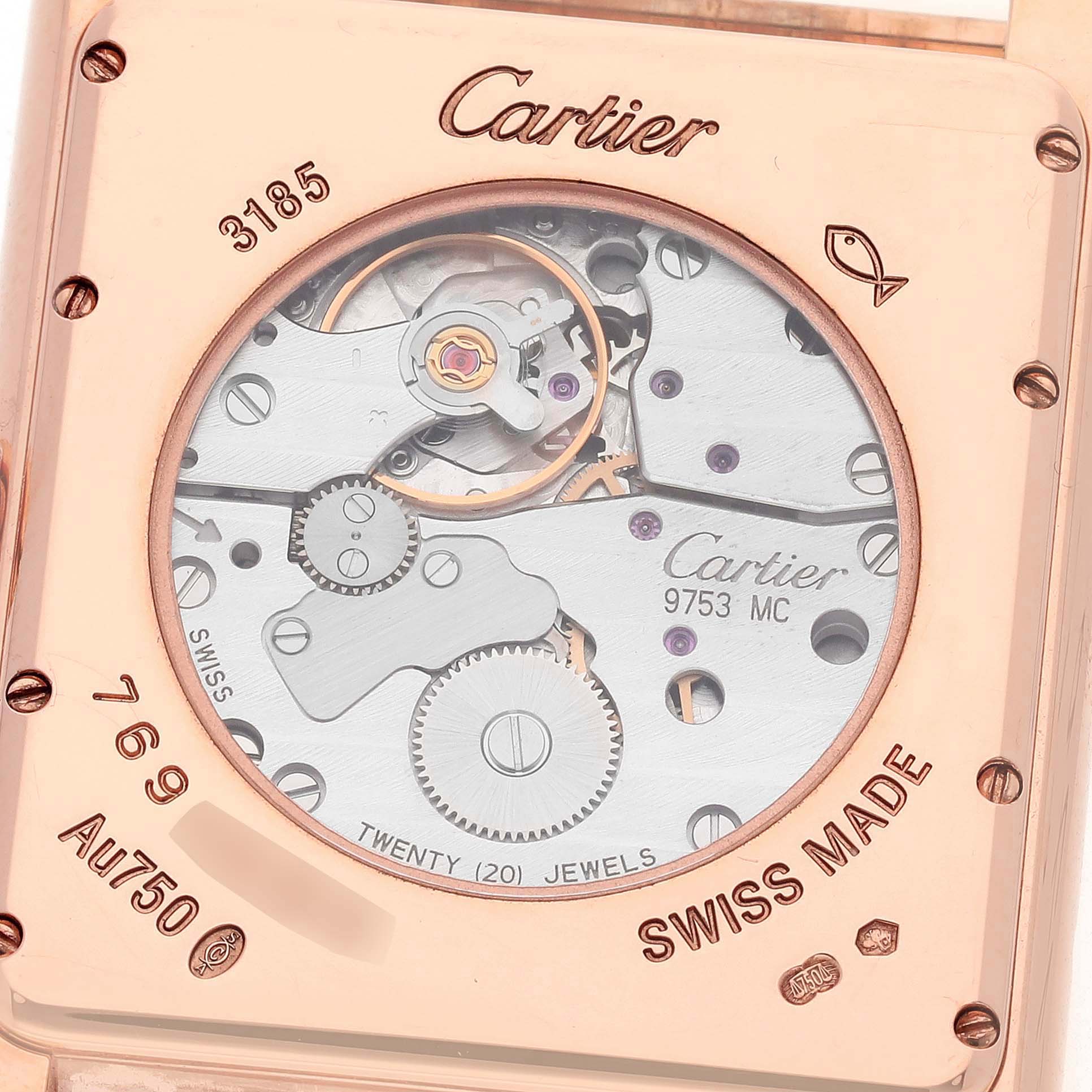 The image shows the movement and inner mechanics of the Cartier Tank Louis W1560002 Men's Rose Gold Brown Dial W1560002 Men's Rose Gold Brown Dial watch from a back angle.