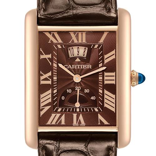 The Cartier Tank Louis watch is shown from a front angle, highlighting its dial, Roman numerals, hands, and crown.