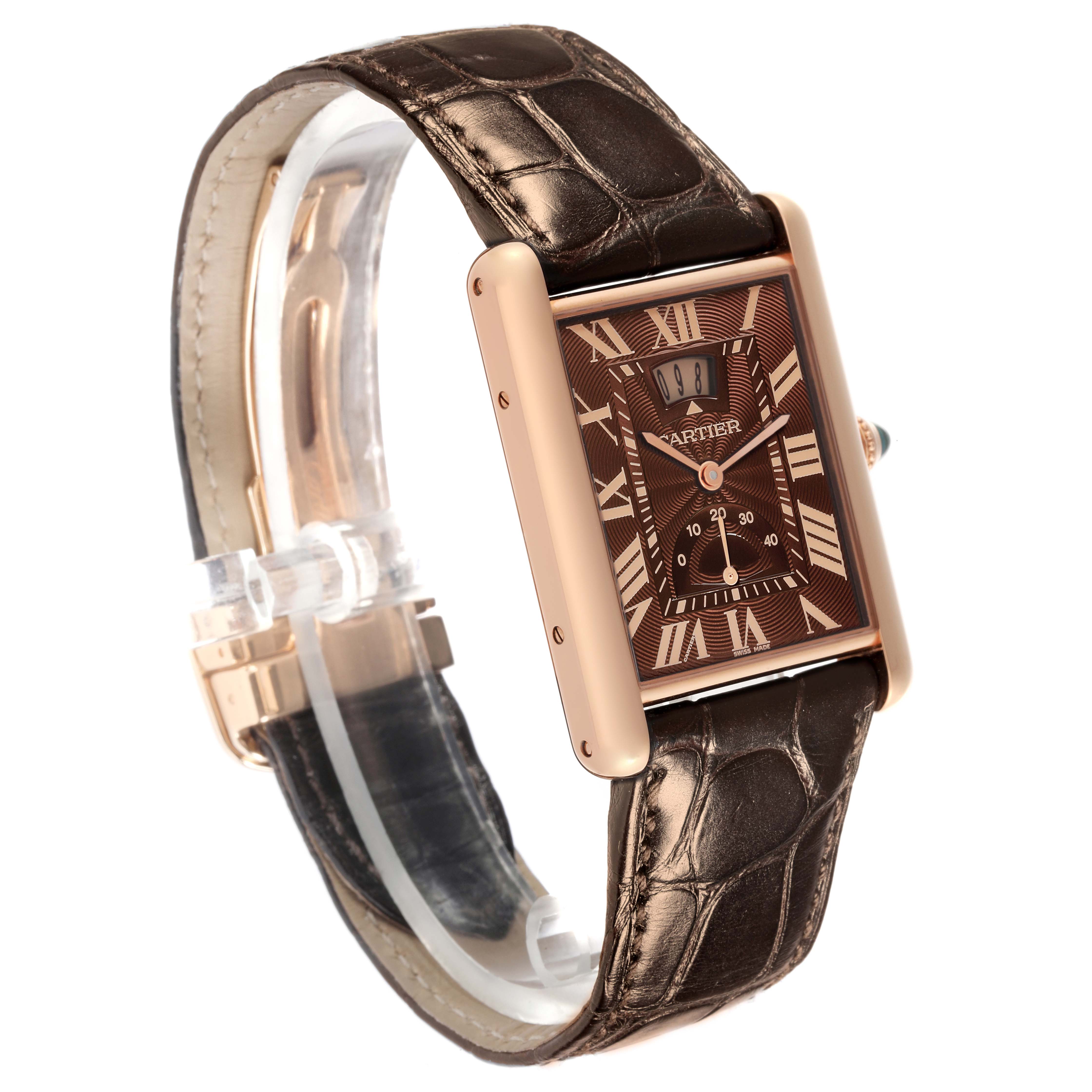 The Cartier Tank Louis W1560002 Men's Rose Gold Brown Dial W1560002 Men's Rose Gold Brown Dial watch is shown at an angle displaying the face, case, and leather strap.