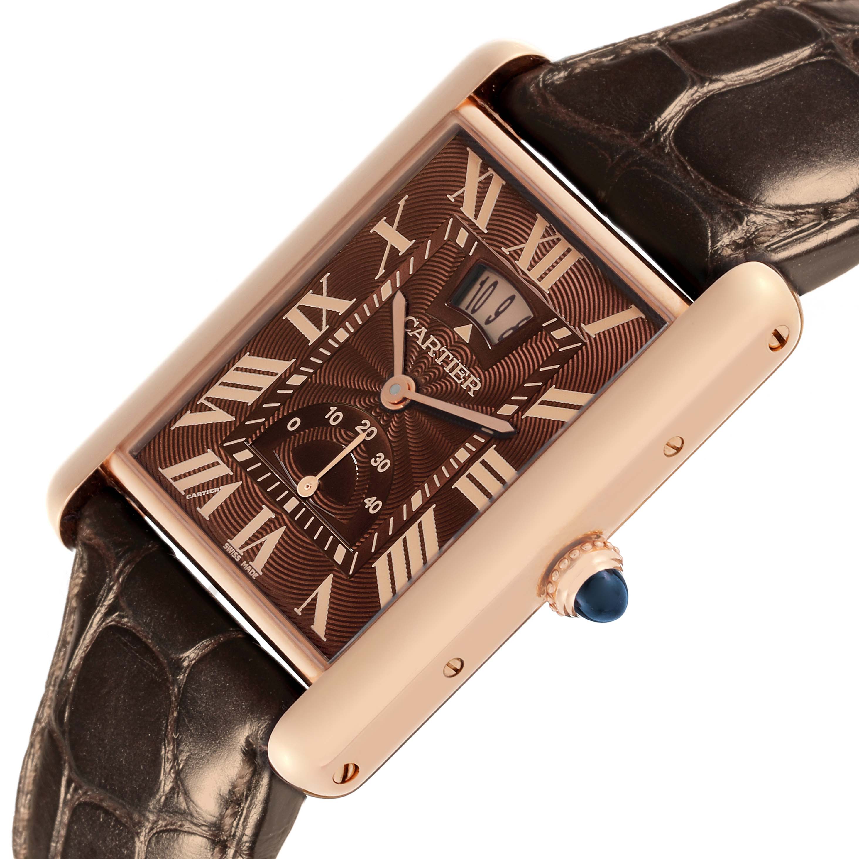 The Cartier Tank Louis W1560002 Men's Rose Gold Brown Dial W1560002 Men's Rose Gold Brown Dial watch is shown at an angled close-up, highlighting its rectangular face, Roman numerals, and crown.