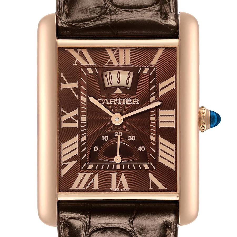 The Cartier Tank Louis watch is shown from the front, highlighting the dial, hands, and crown.