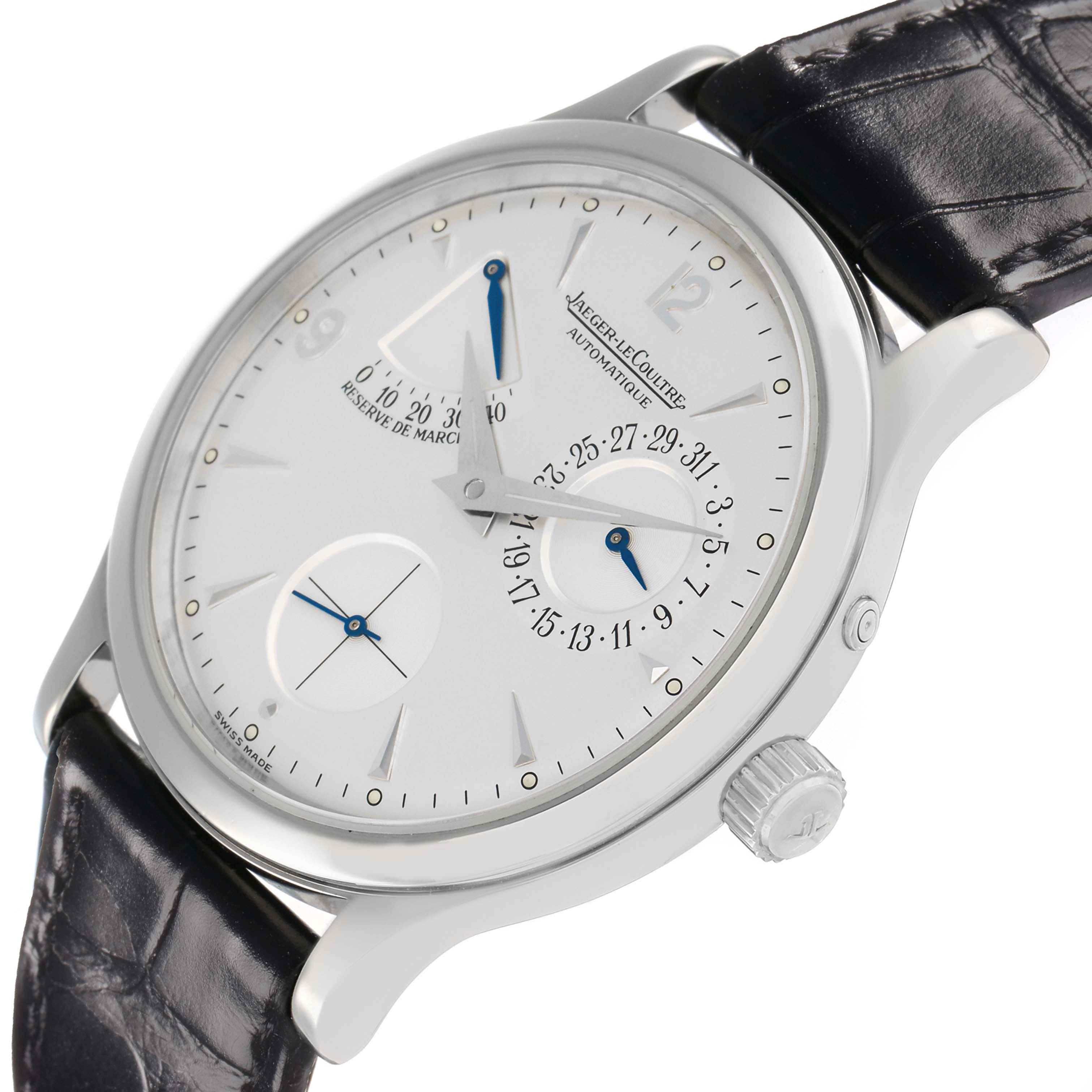 The Jaeger LeCoultre Reverso 140.8.93 Men
s Stainless Steel Silver Dial is shown at a slight angle, displaying the dial, hands, crown, and part of the strap.