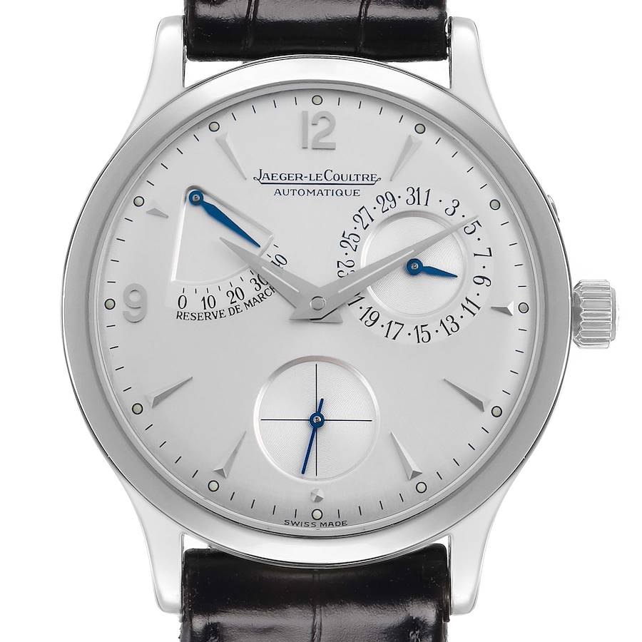 The Jaeger-LeCoultre Reverso watch is shown from a front angle, displaying the dial, case, hour markers, and subdials.