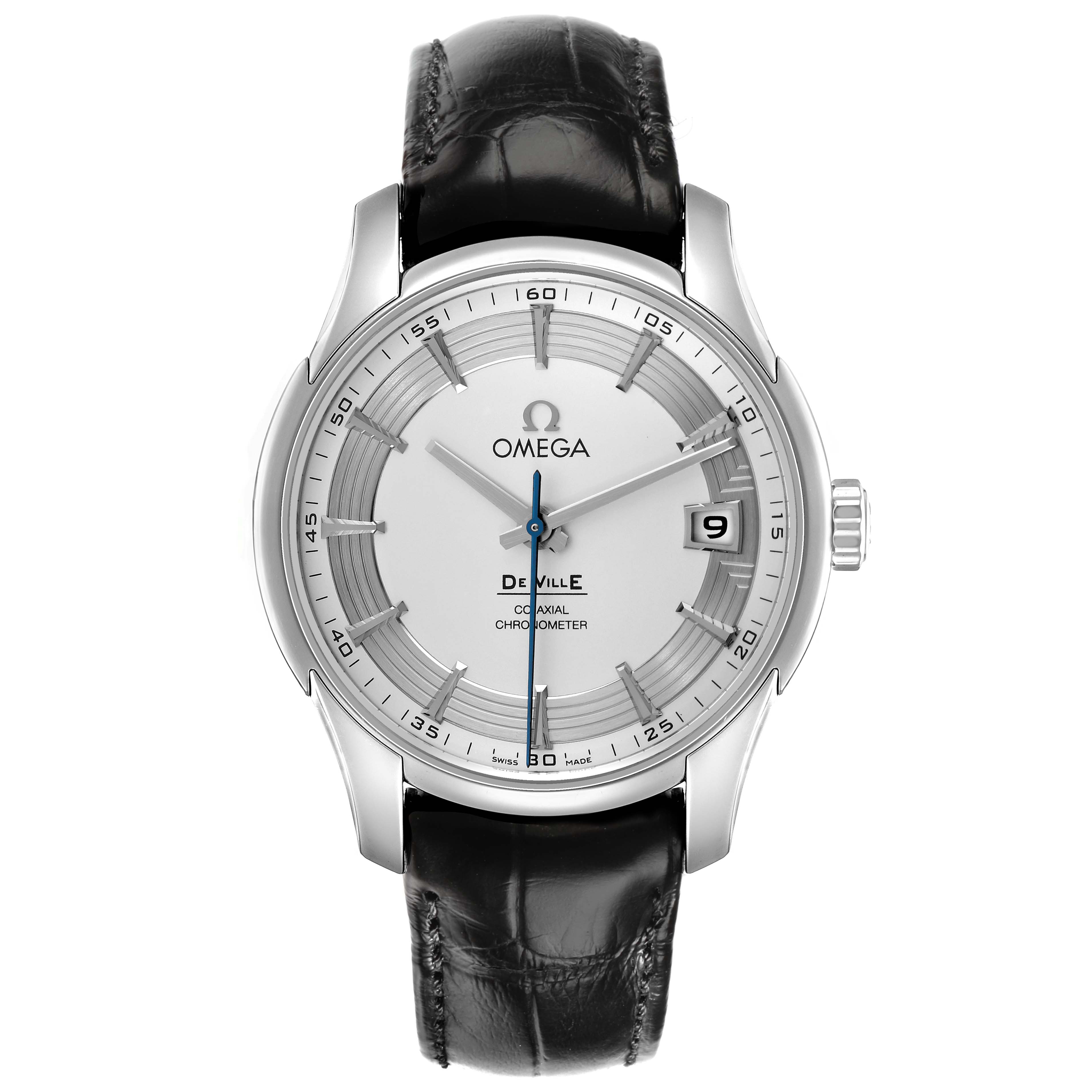 The Omega De Ville 431.33.41.21.02.001 Men
s Stainless Steel Silver Dial watch is shown from a front angle, displaying the face, hands, date, and strap.