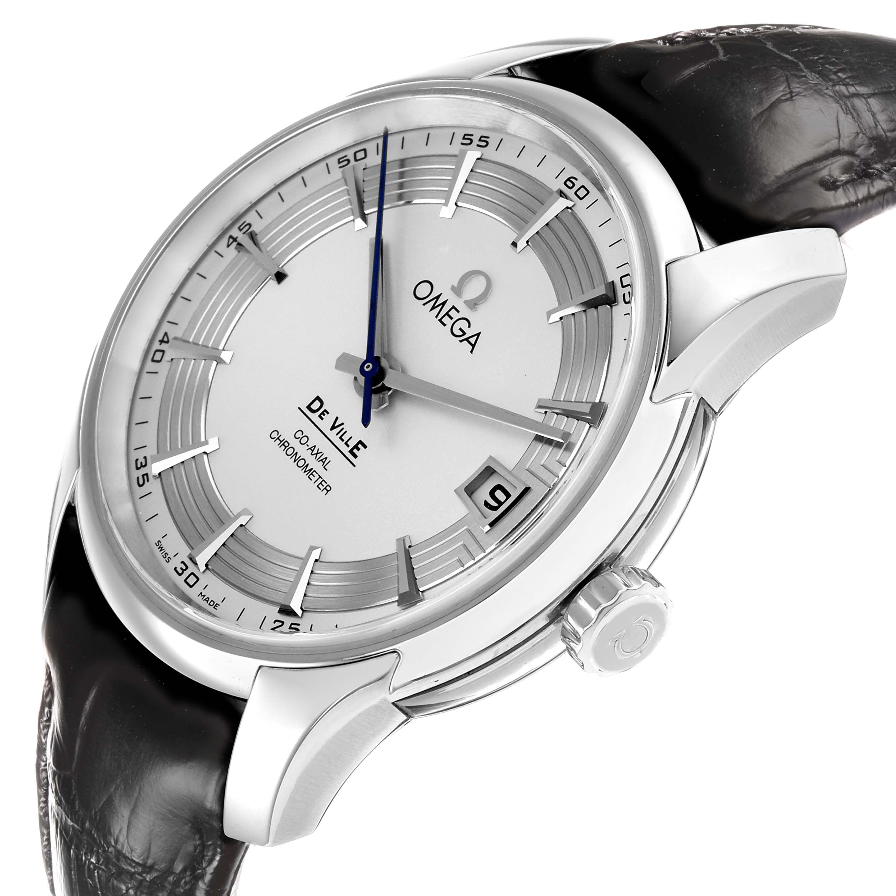 The Omega De Ville 431.33.41.21.02.001 Men
s Stainless Steel Silver Dial watch is shown at a tilted angle highlighting the face, case, crown, and leather strap.