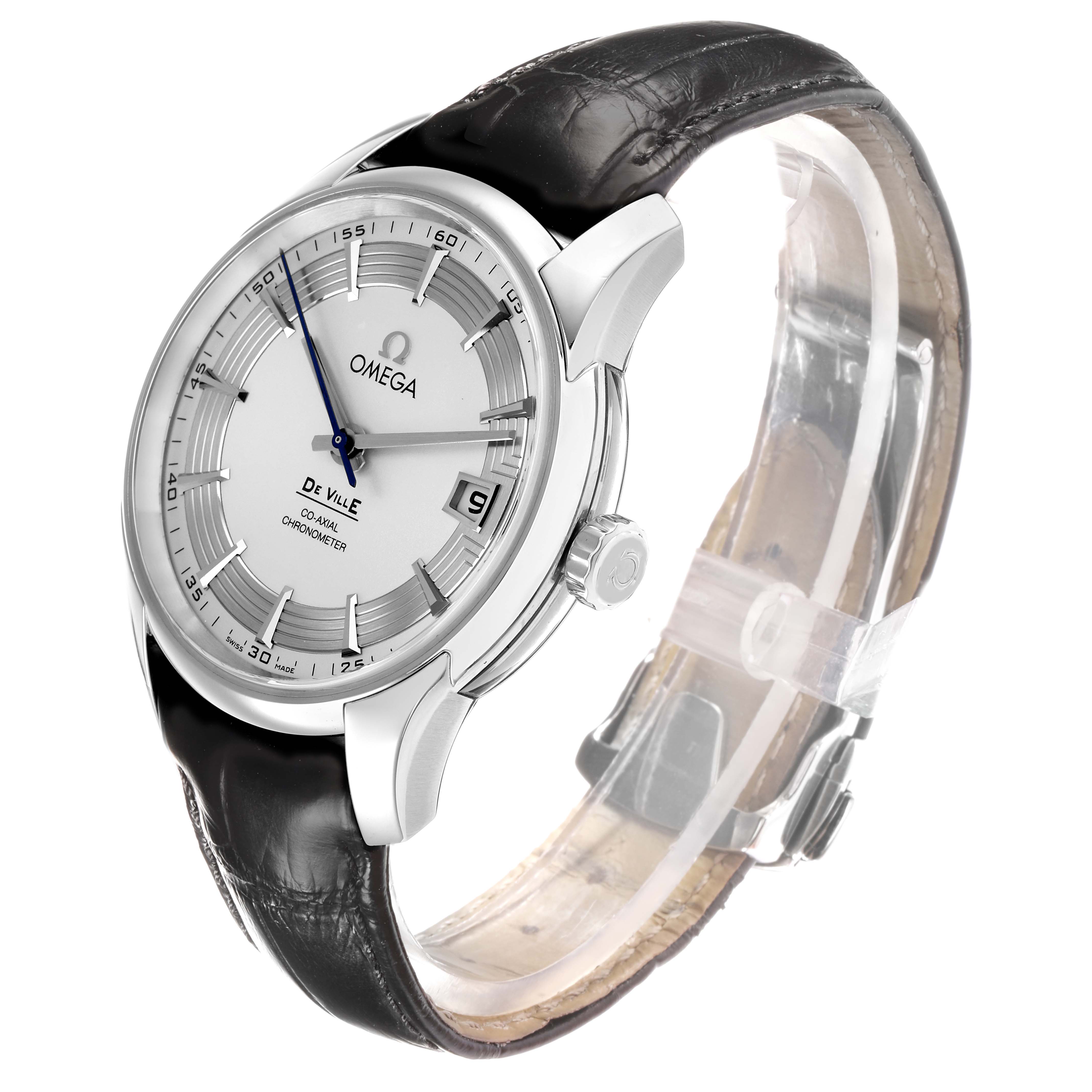 The Omega De Ville 431.33.41.21.02.001 Men
s Stainless Steel Silver Dial watch is shown at a three-quarter angle, displaying the face, crown, and leather strap.