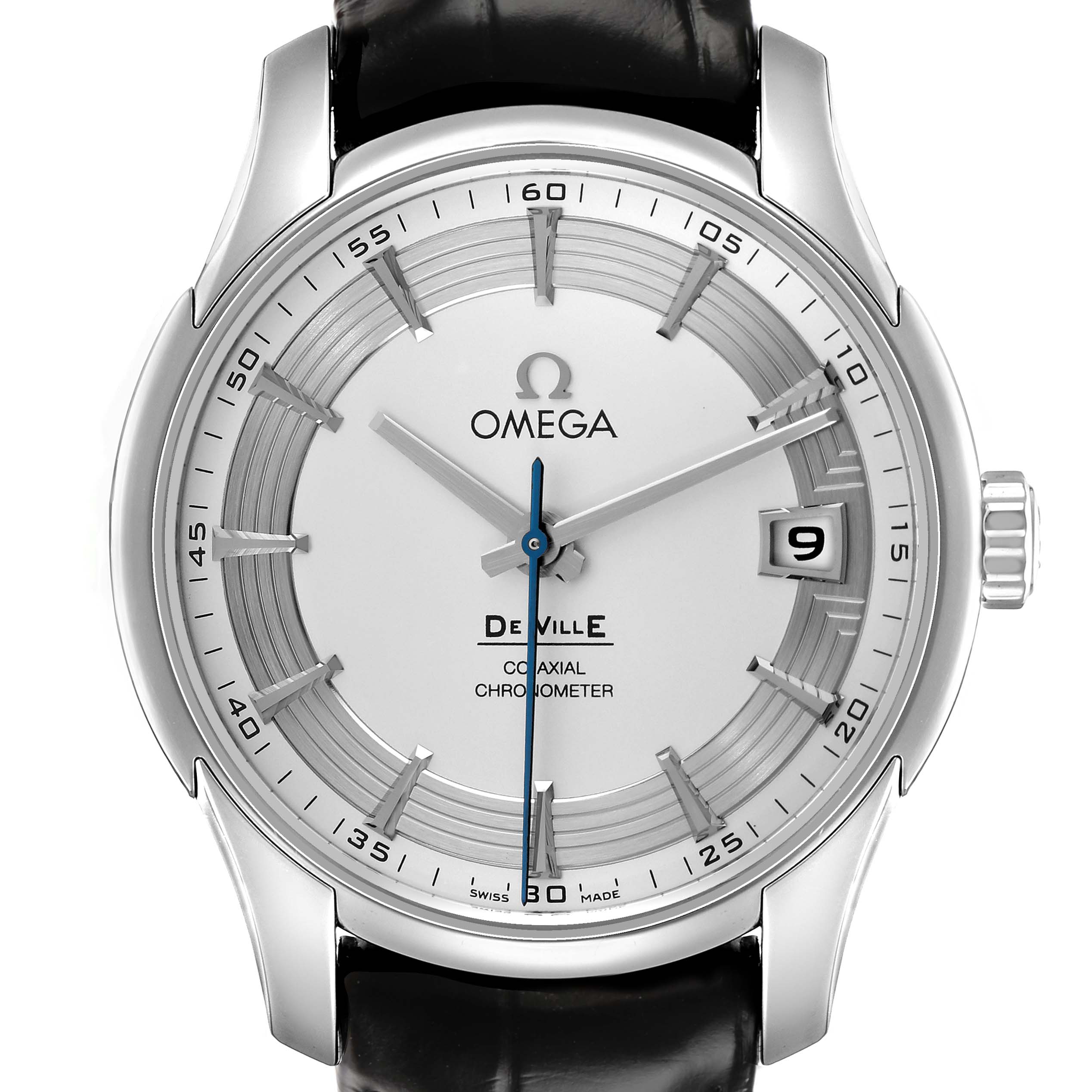The Omega De Ville 431.33.41.21.02.001 Men
s Stainless Steel Silver Dial watch is shown from a front angle, displaying the dial, hands, and date window.