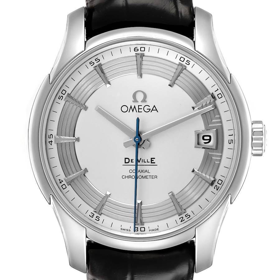 The Omega De Ville 431.33.41.21.02.001 Men's Stainless Steel Silver Dial watch is shown from a front angle, displaying the dial, hands, and date window.