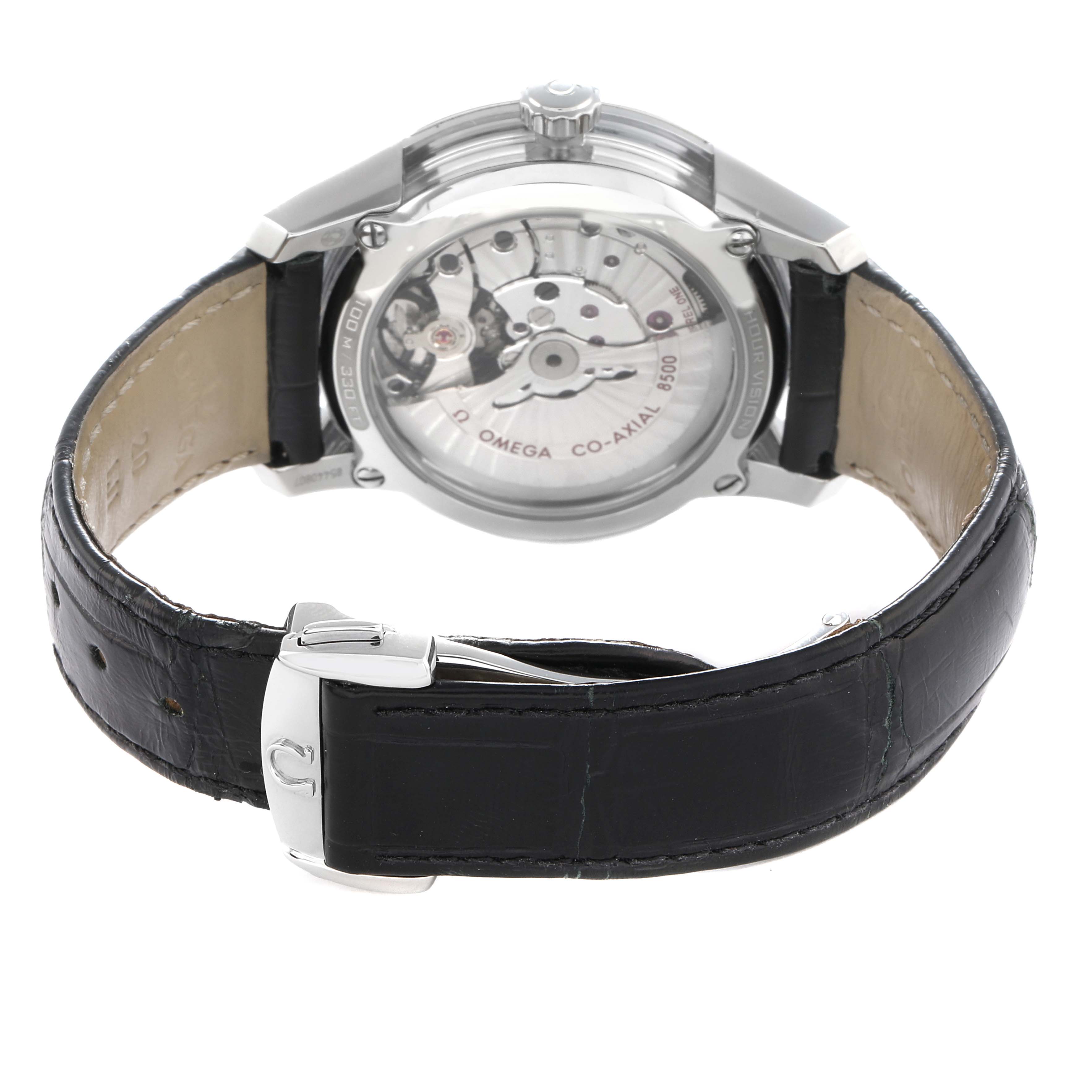 The Omega De Ville 431.33.41.21.02.001 Men
s Stainless Steel Silver Dial watch is shown from the back, highlighting the movement and leather strap.