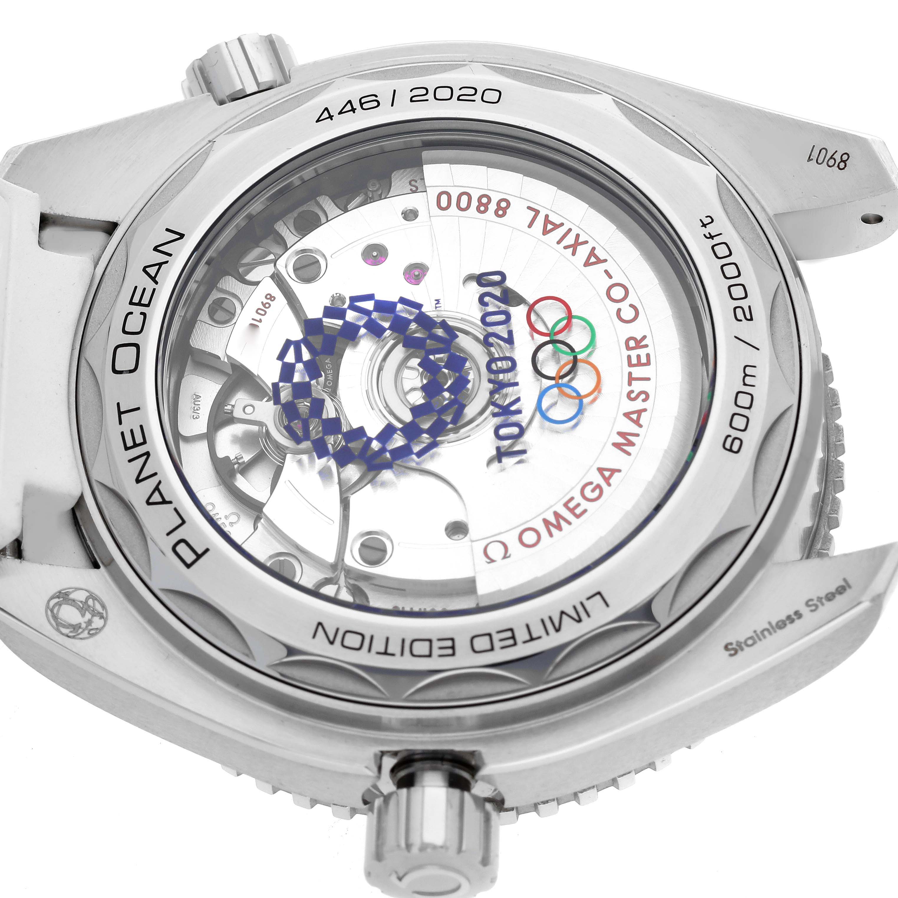The image shows the back of the Omega Planet Ocean 522.33.40.20.04.001 Men
s Stainless Steel White Dial watch, highlighting its movement and Tokyo 2020 engraving.