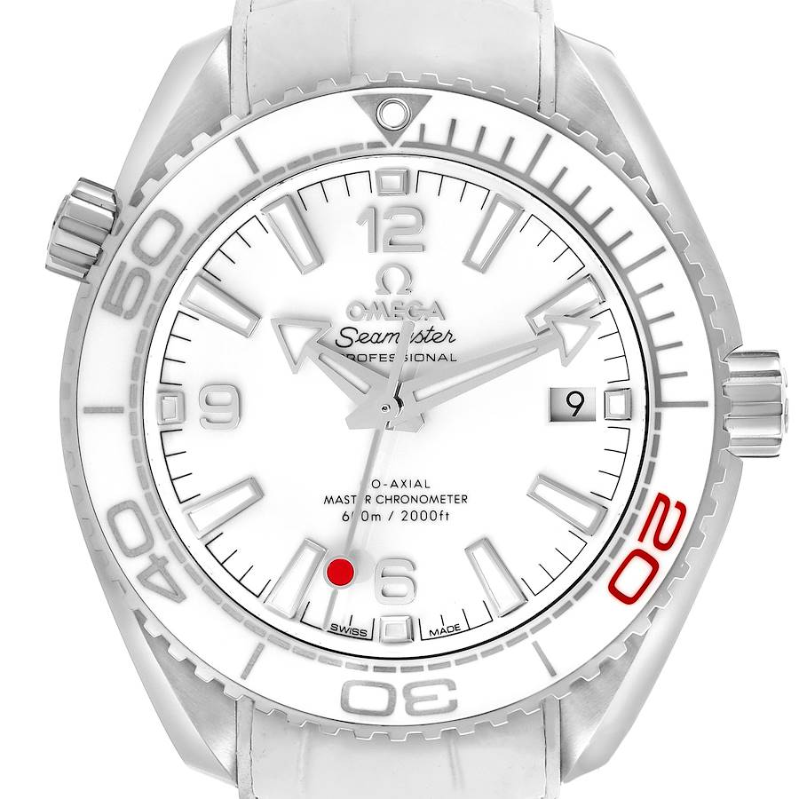 This Omega Planet Ocean 522.33.40.20.04.001 Men's Stainless Steel White Dial watch is shown from a front angle, displaying the dial, bezel, crown, and date window.