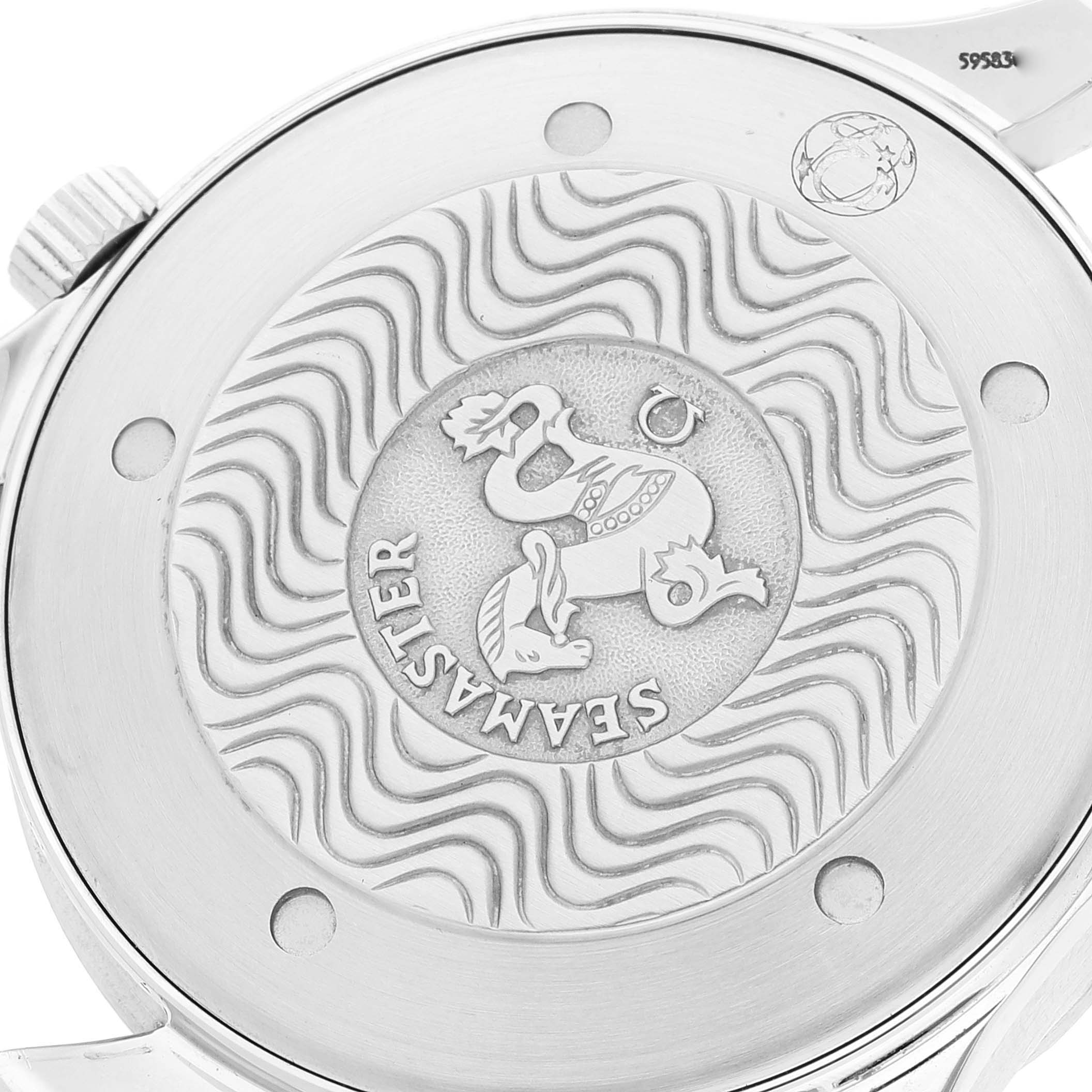 This image shows the case back of an Omega Seamaster 2541.80.00 Men's Stainless Steel Blue Dial 2541.80.00 Men's Stainless Steel Blue Dial watch, featuring the engraved logo.