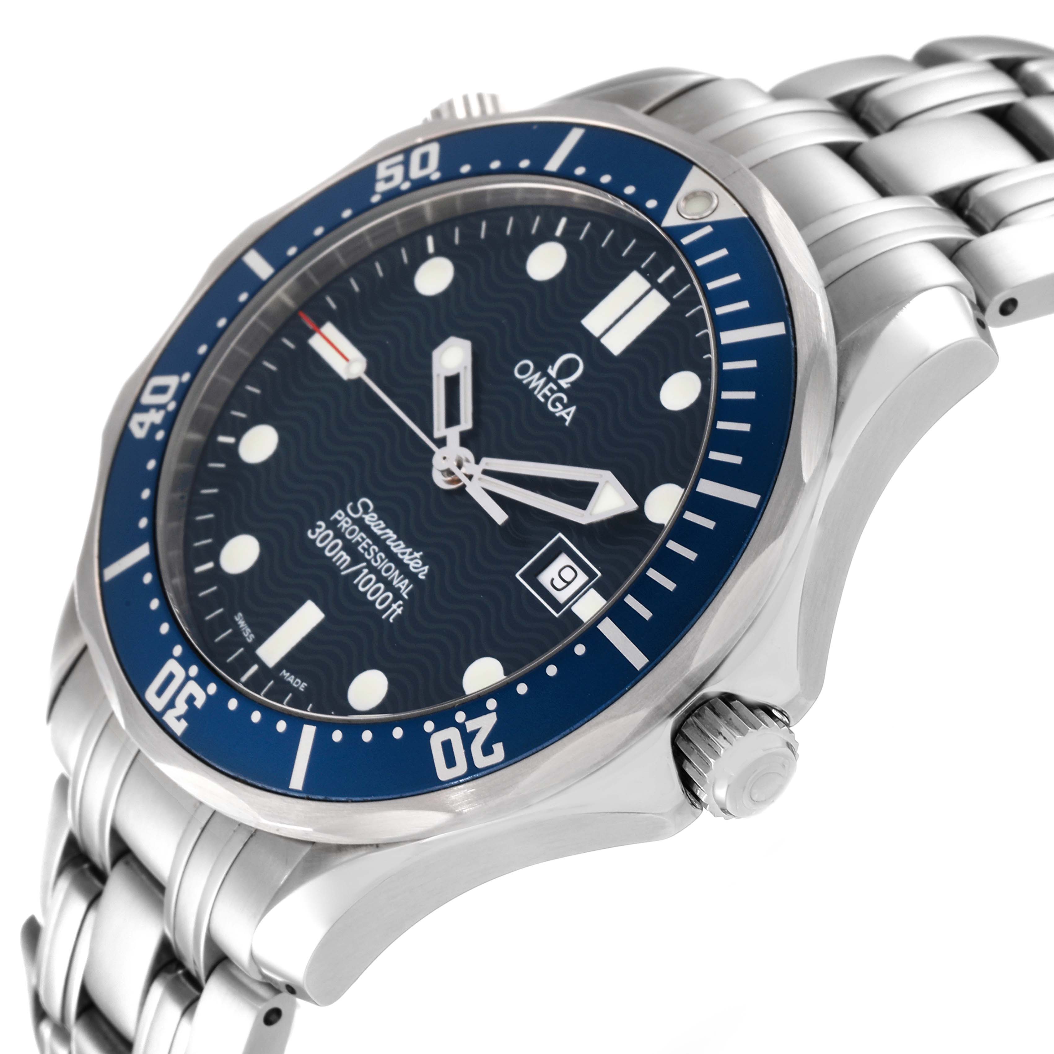 The image shows an angled close-up of the Omega Seamaster 2541.80.00 Men's Stainless Steel Blue Dial 2541.80.00 Men's Stainless Steel Blue Dial watch, displaying its face, bezel, and part of the stainless steel bracelet.
