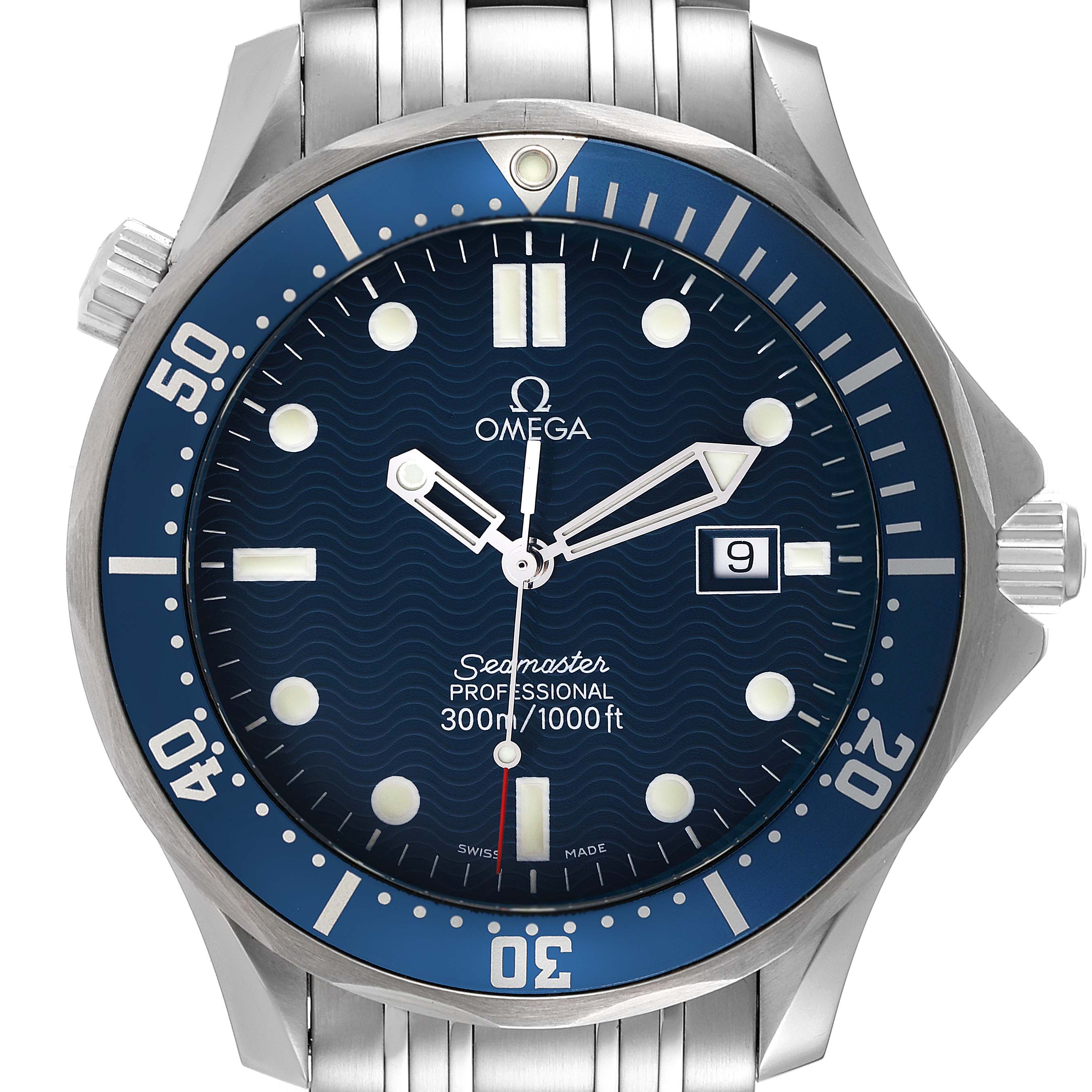 This image shows a front view of the Omega Seamaster 2541.80.00 Men's Stainless Steel Blue Dial 2541.80.00 Men's Stainless Steel Blue Dial Professional watch, highlighting the dial, bezel, and bracelet.