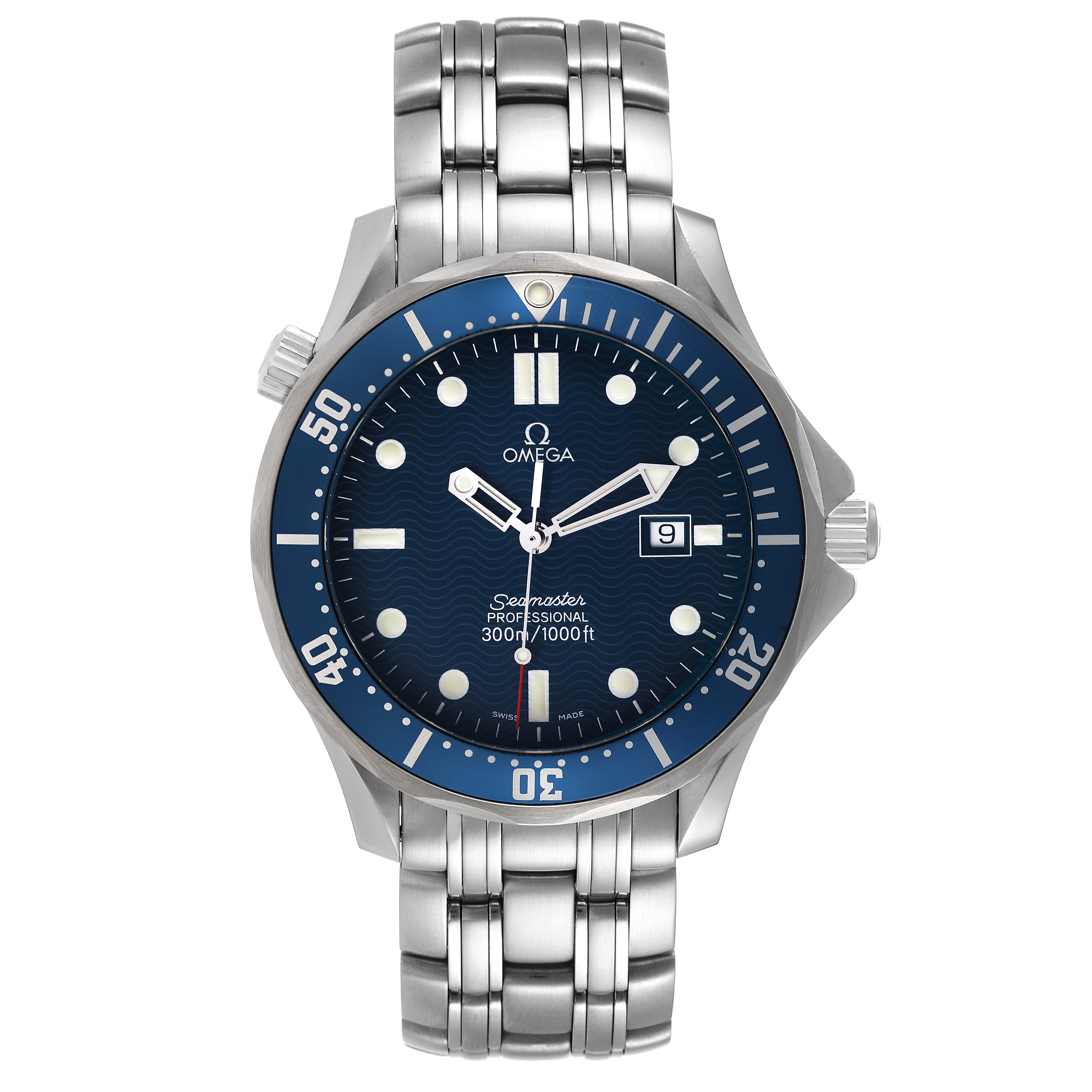 The image shows a front view of the Omega Seamaster 2541.80.00 Men's Stainless Steel Blue Dial 2541.80.00 Men's Stainless Steel Blue Dial watch, highlighting the blue dial, bezel, bracelet, and date window.