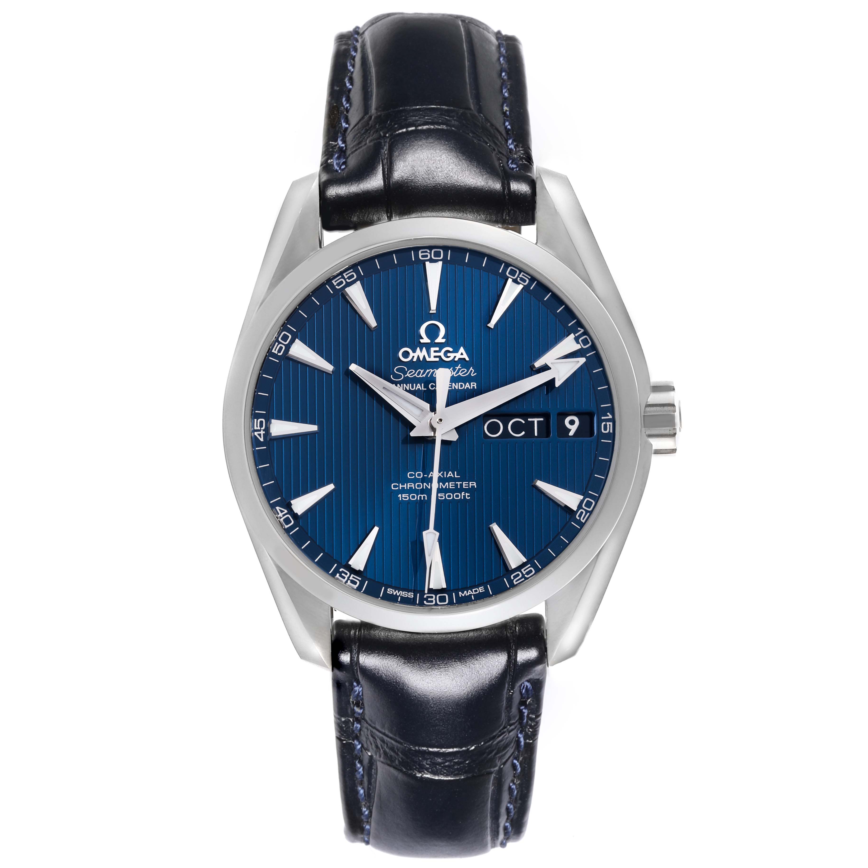The image shows a front view of an Omega Aqua Terra 231.13.39.22.03.001 Men's Stainless Steel Blue Dial 231.13.39.22.03.001 Men's Stainless Steel Blue Dial watch, highlighting its blue dial and leather strap.