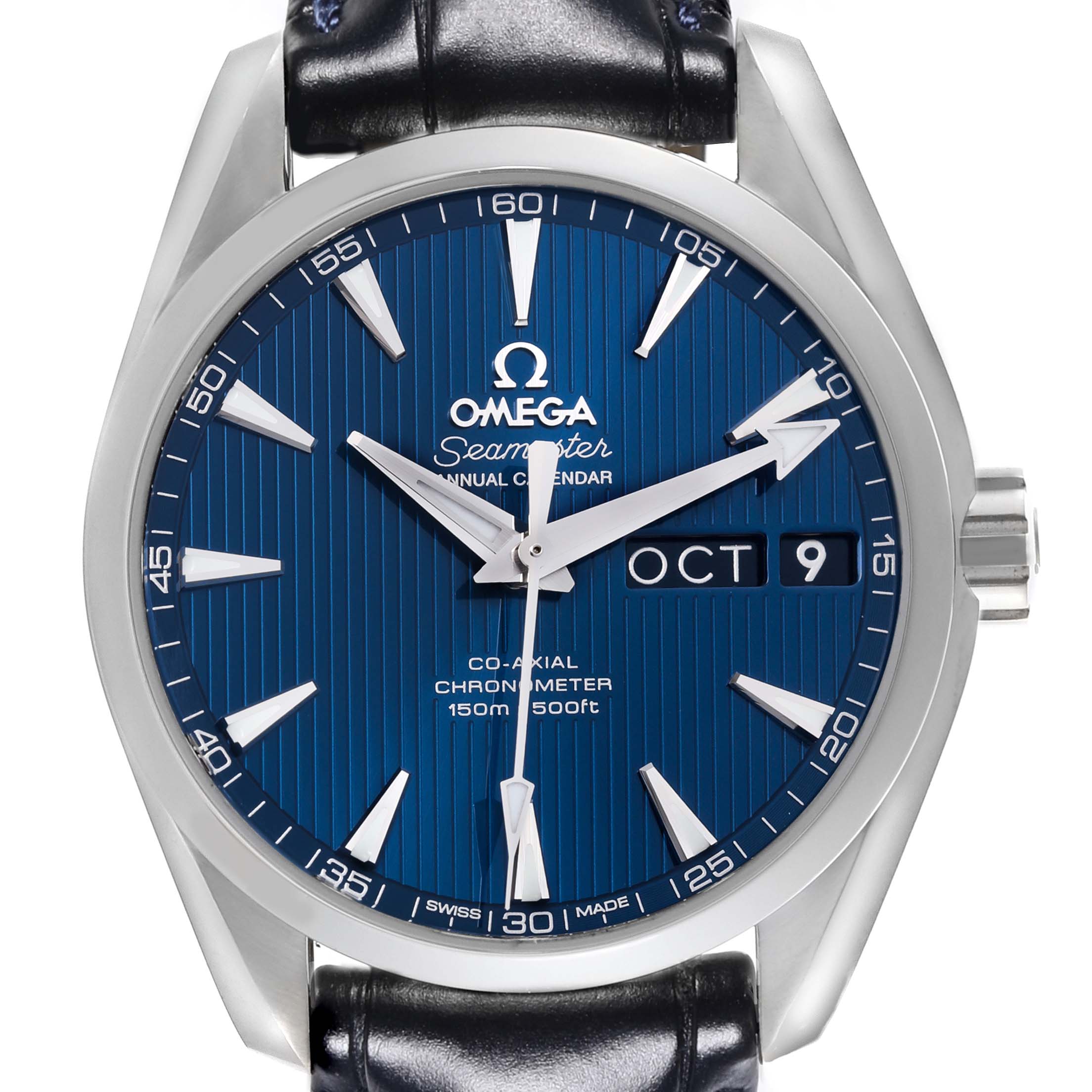 The Omega Aqua Terra 231.13.39.22.03.001 Men's Stainless Steel Blue Dial 231.13.39.22.03.001 Men's Stainless Steel Blue Dial watch is shown from the front, highlighting the face, bezel, and part of the leather strap.
