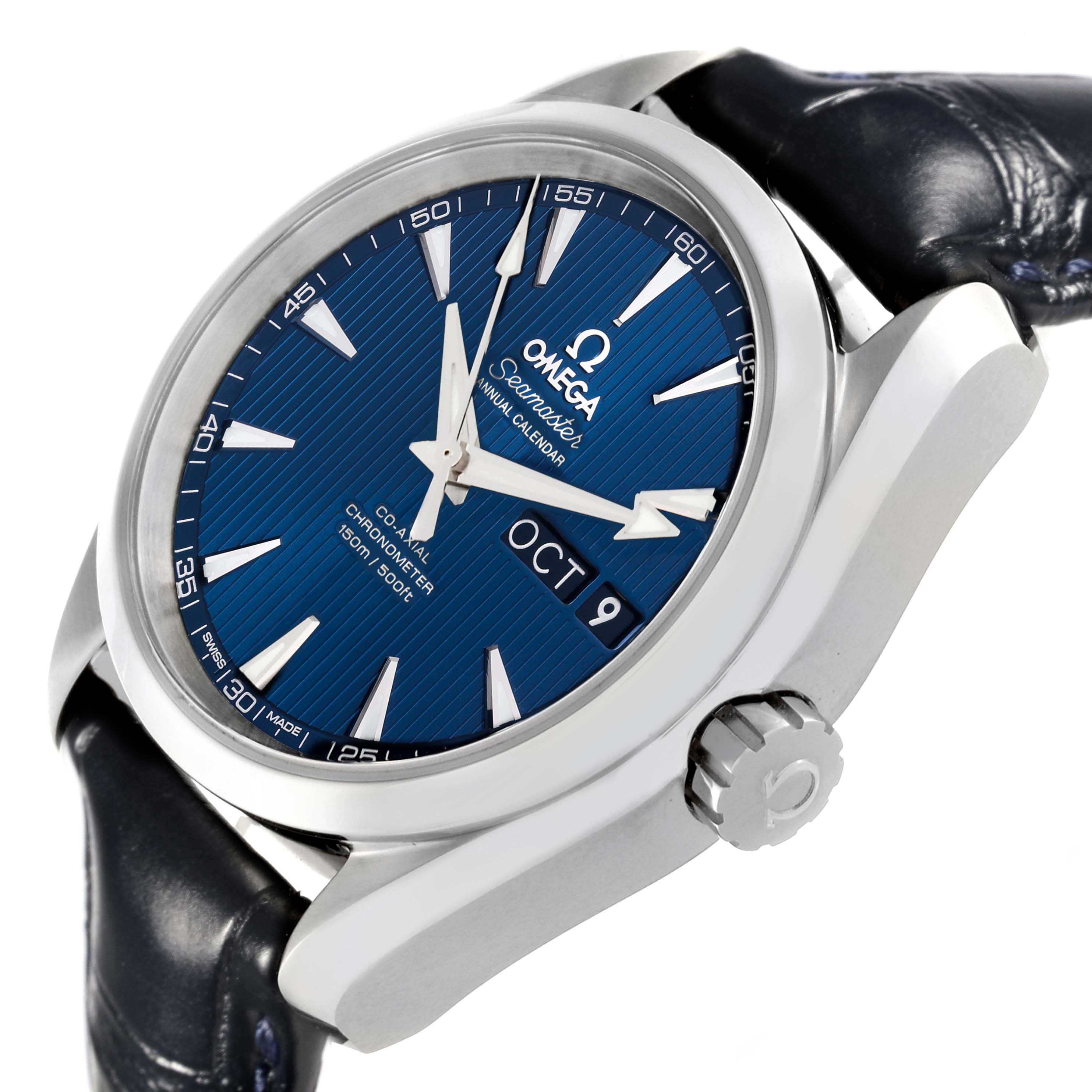 The Omega Aqua Terra 231.13.39.22.03.001 Men's Stainless Steel Blue Dial 231.13.39.22.03.001 Men's Stainless Steel Blue Dial watch is shown from a three-quarter angle, highlighting the face, case, crown, and leather strap.