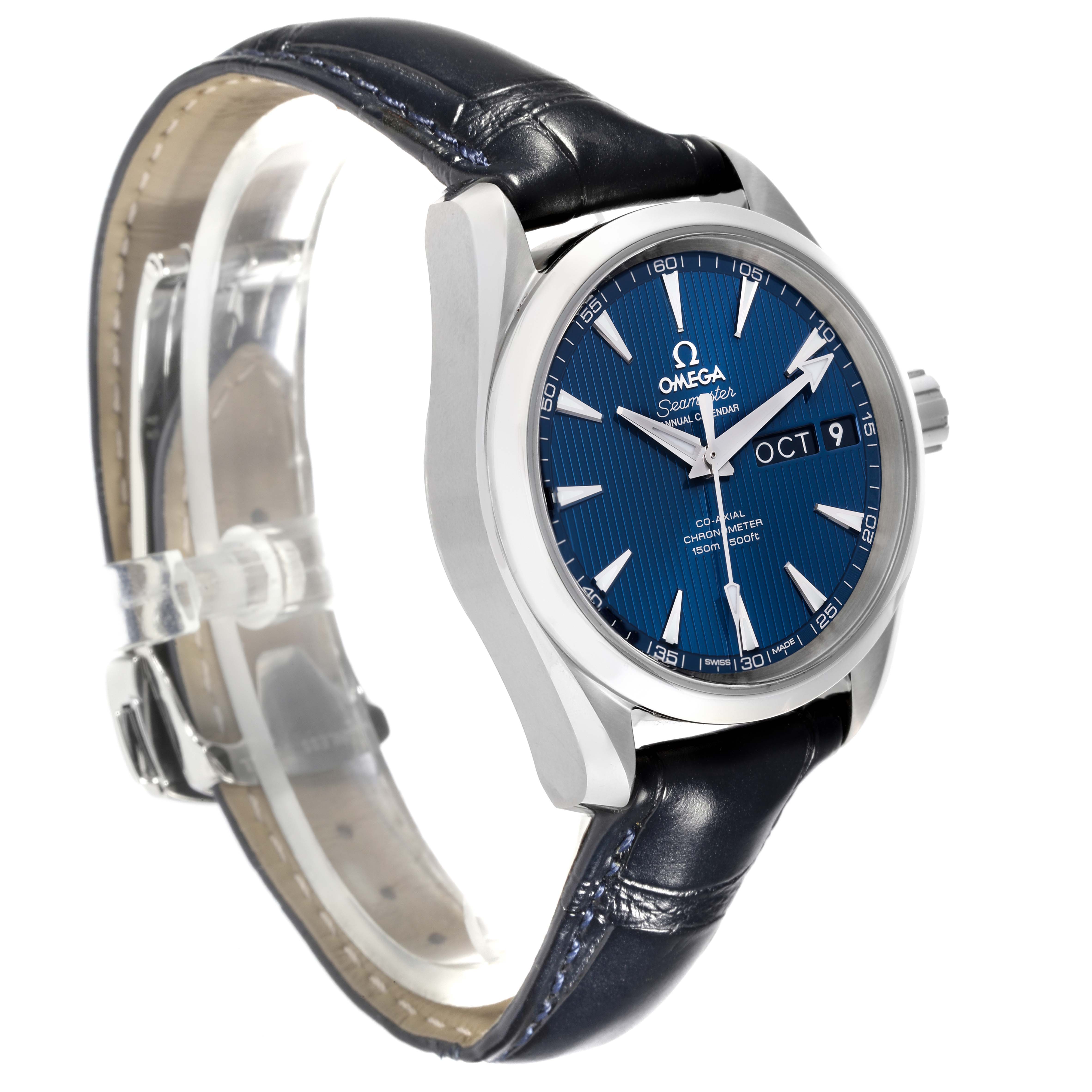 The Omega Aqua Terra 231.13.39.22.03.001 Men's Stainless Steel Blue Dial 231.13.39.22.03.001 Men's Stainless Steel Blue Dial watch is shown at an angle displaying its blue dial, silver case, and black leather strap.