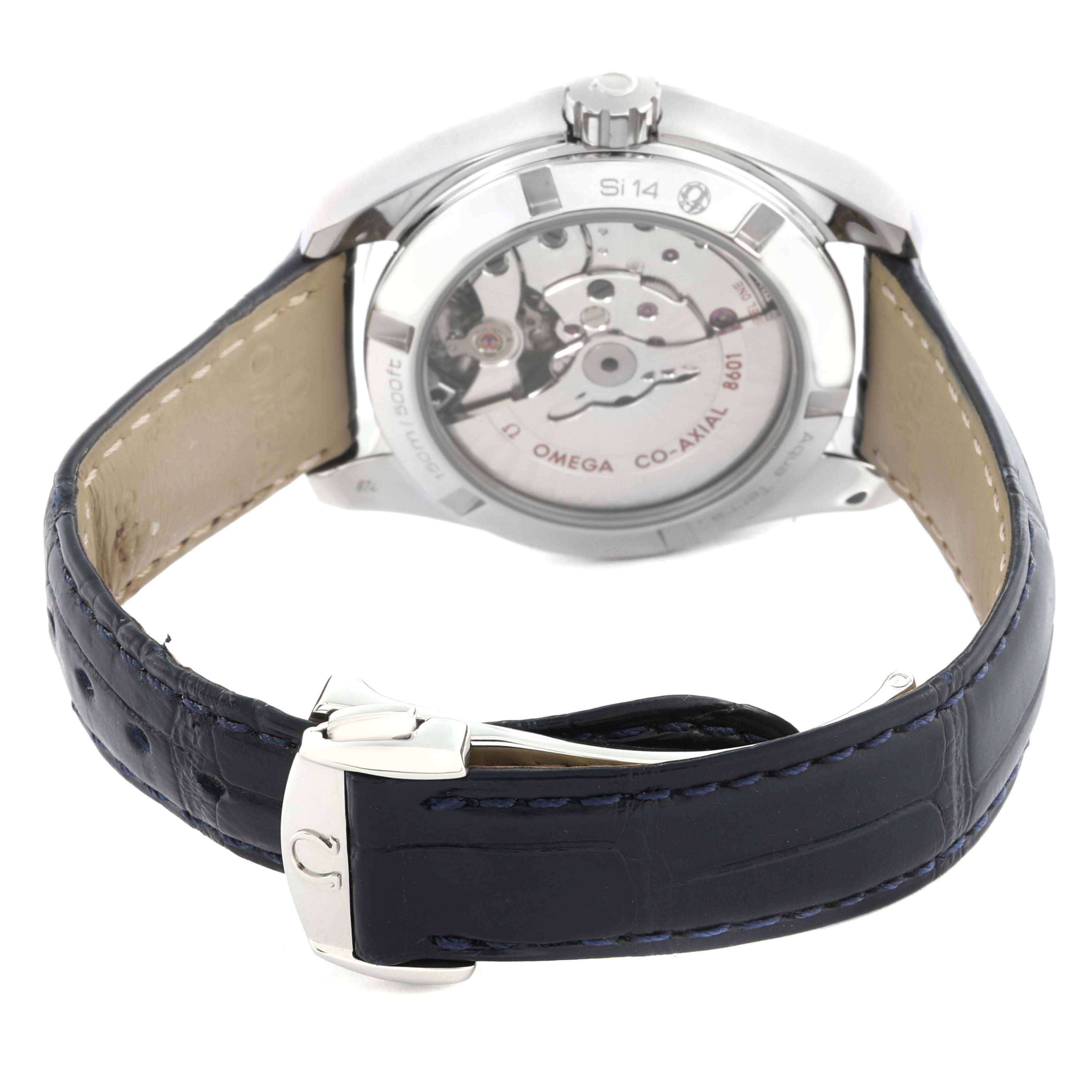 The Omega Aqua Terra 231.13.39.22.03.001 Men's Stainless Steel Blue Dial 231.13.39.22.03.001 Men's Stainless Steel Blue Dial watch is shown from a rear angle, highlighting its transparent case back and leather strap.