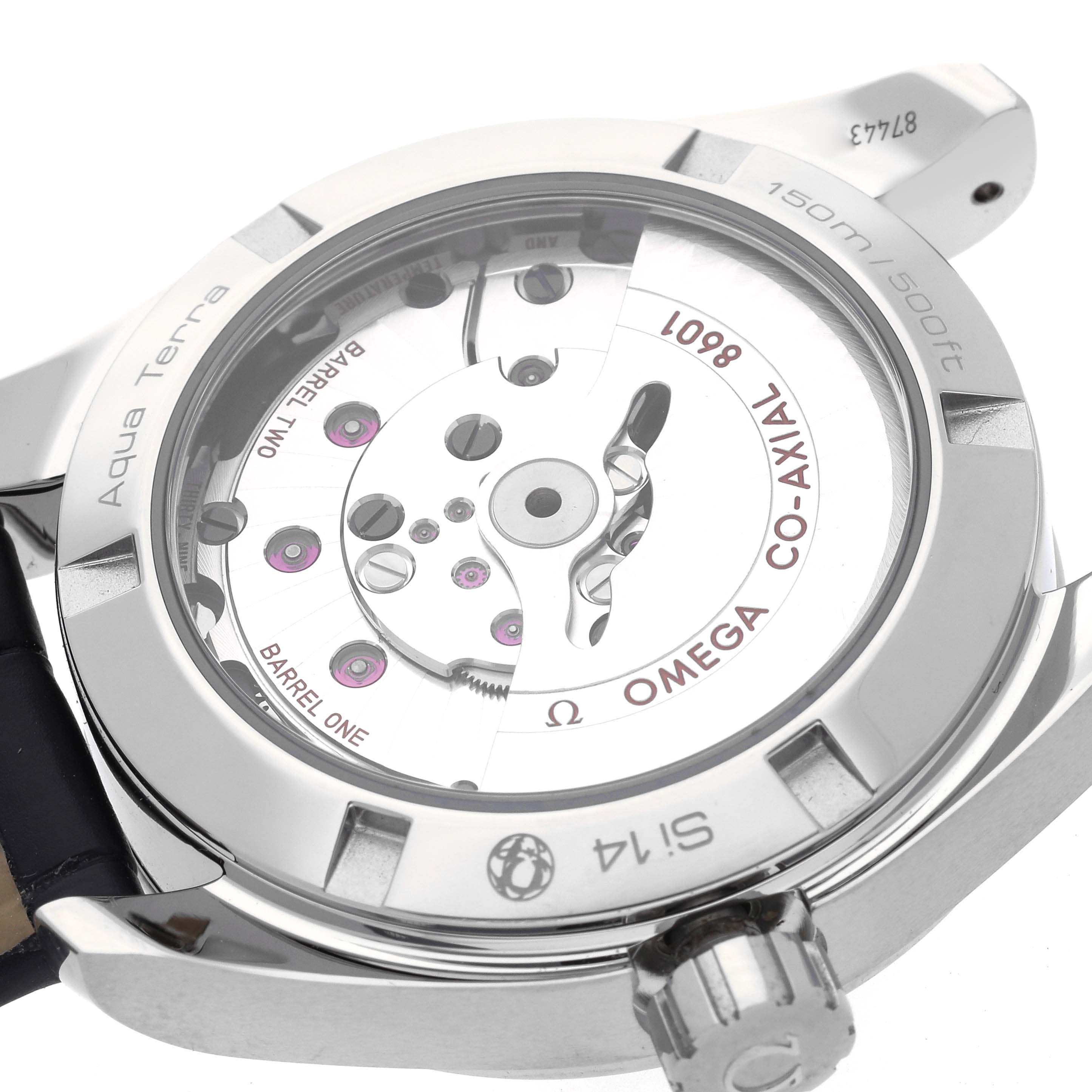 The image shows the back view of an Omega Aqua Terra 231.13.39.22.03.001 Men's Stainless Steel Blue Dial 231.13.39.22.03.001 Men's Stainless Steel Blue Dial watch, highlighting its Co-Axial movement and transparent case back.