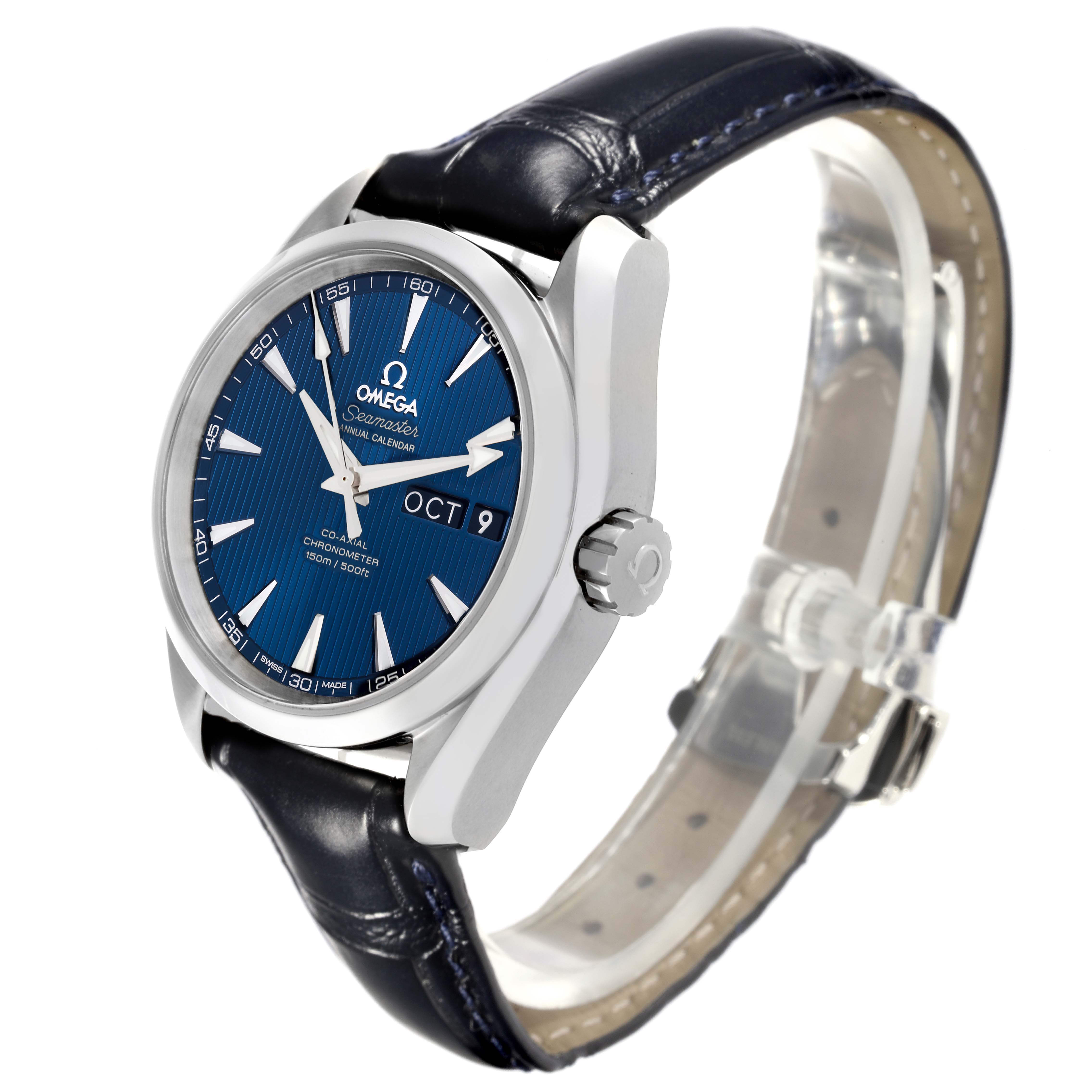 The Omega Aqua Terra 231.13.39.22.03.001 Men's Stainless Steel Blue Dial 231.13.39.22.03.001 Men's Stainless Steel Blue Dial watch is shown at a slight side angle, highlighting the blue dial, case, crown, and leather strap.