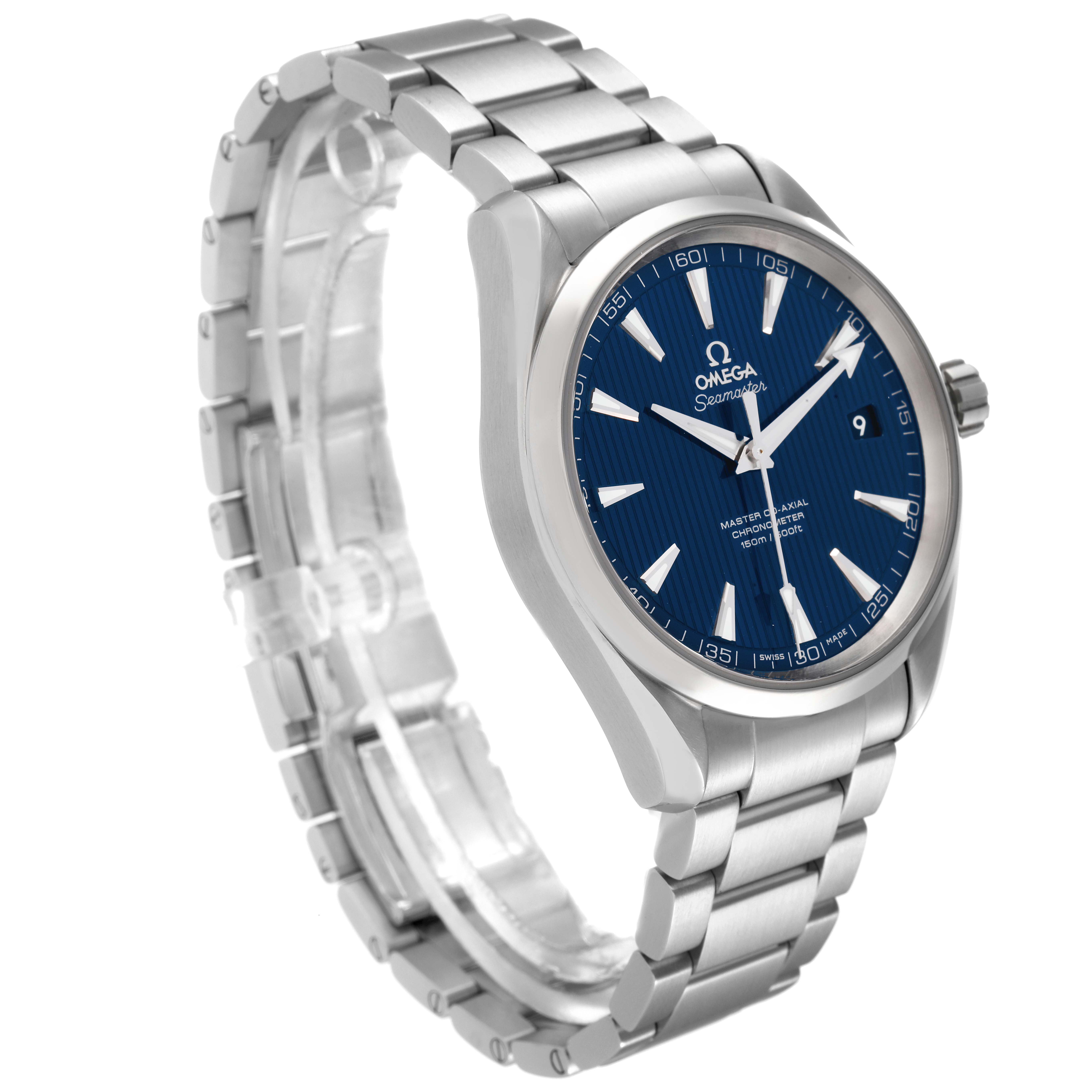 The image shows a side angle view of the Omega Aqua Terra 231.10.42.21.03.003 Men
s Stainless Steel Blue Dial 231.10.42.21.03.003 Men
s Stainless Steel Blue Dial watch, highlighting the blue dial, stainless steel case, and bracelet.